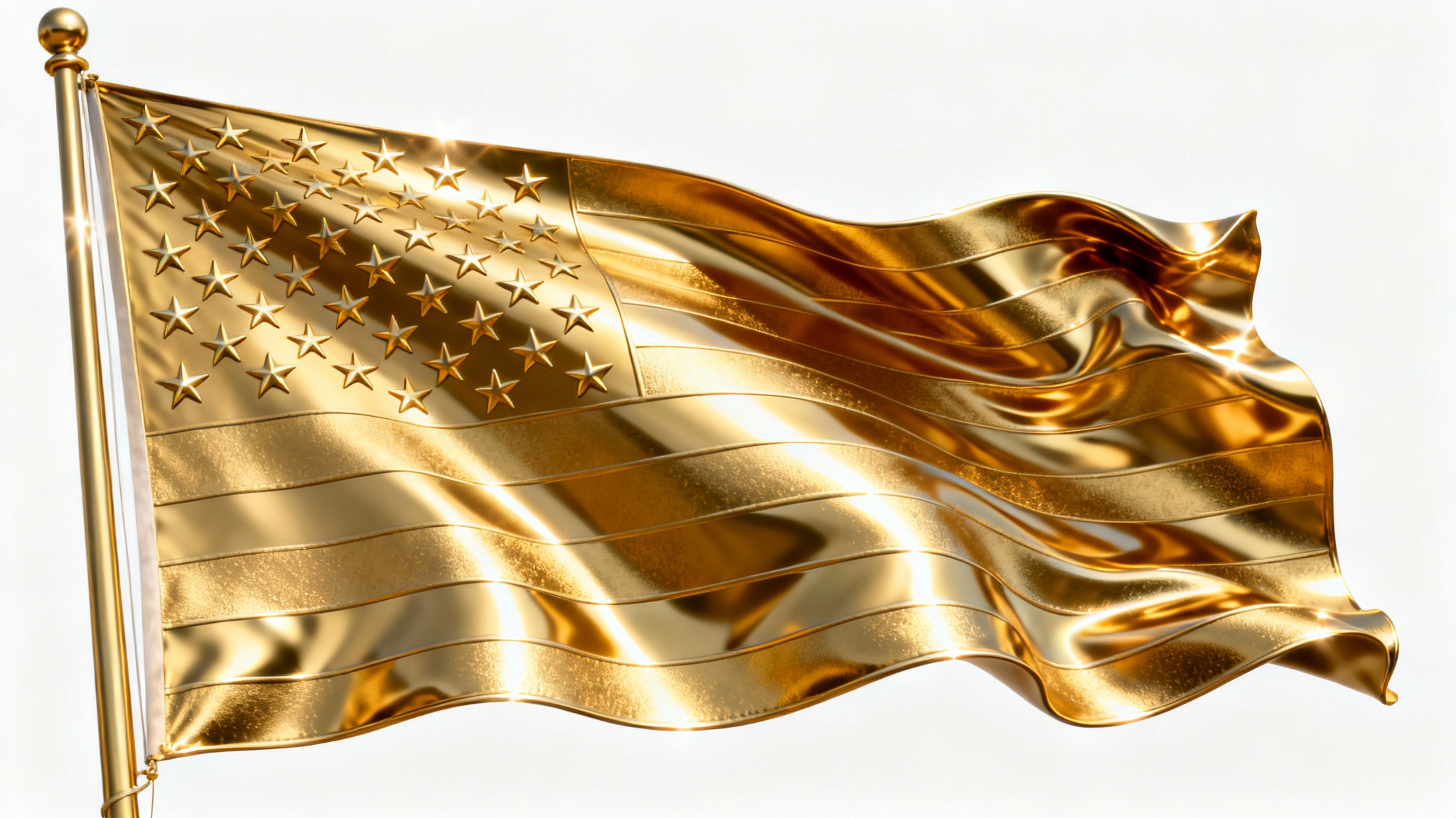 A photorealistic American flag rendered in pure, polished gold, waving gracefully against a stark white background, with light catching its metallic folds.