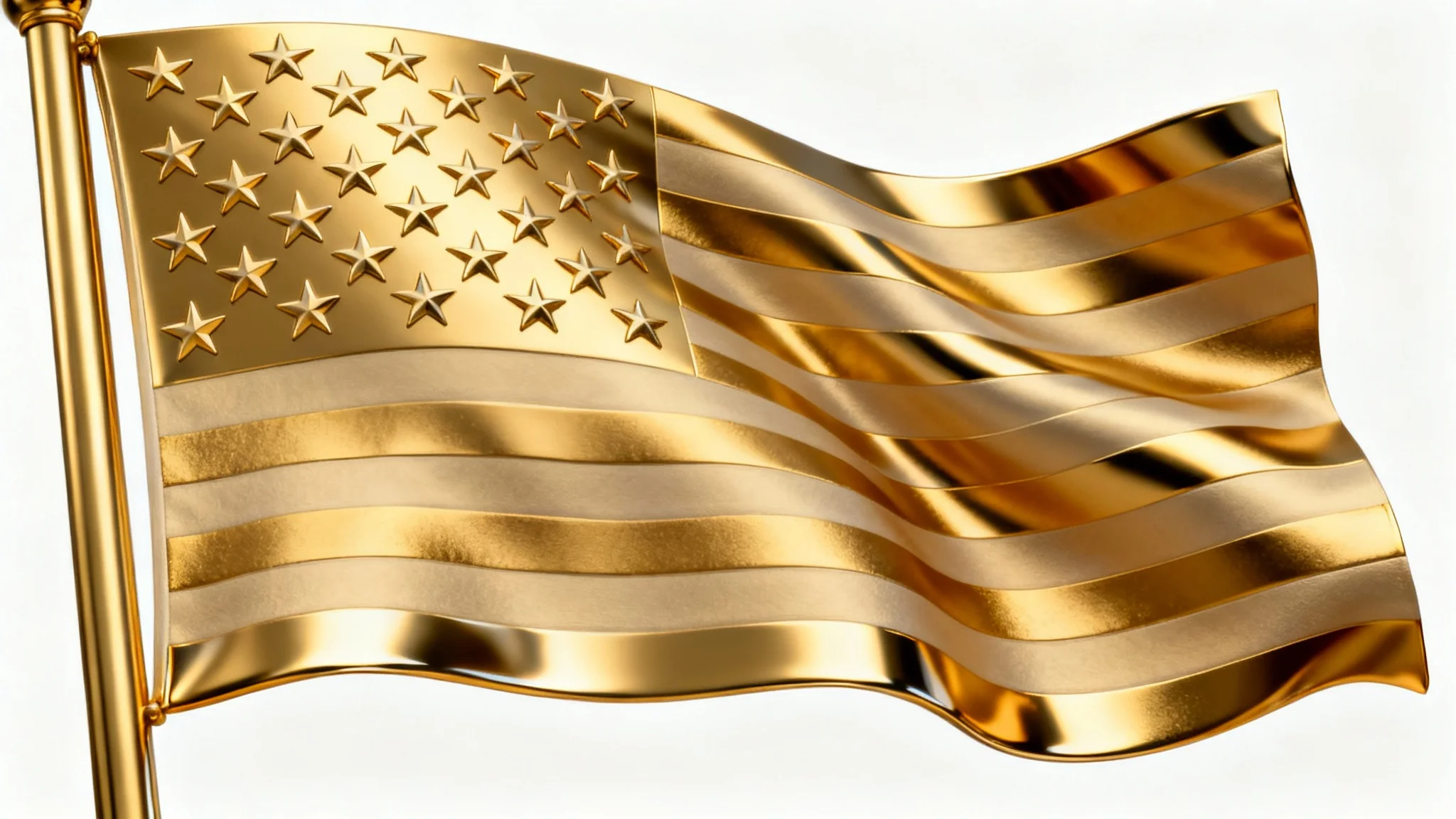 A luxurious American flag made of polished and satin-finished gold, waving gently against a pristine white background.