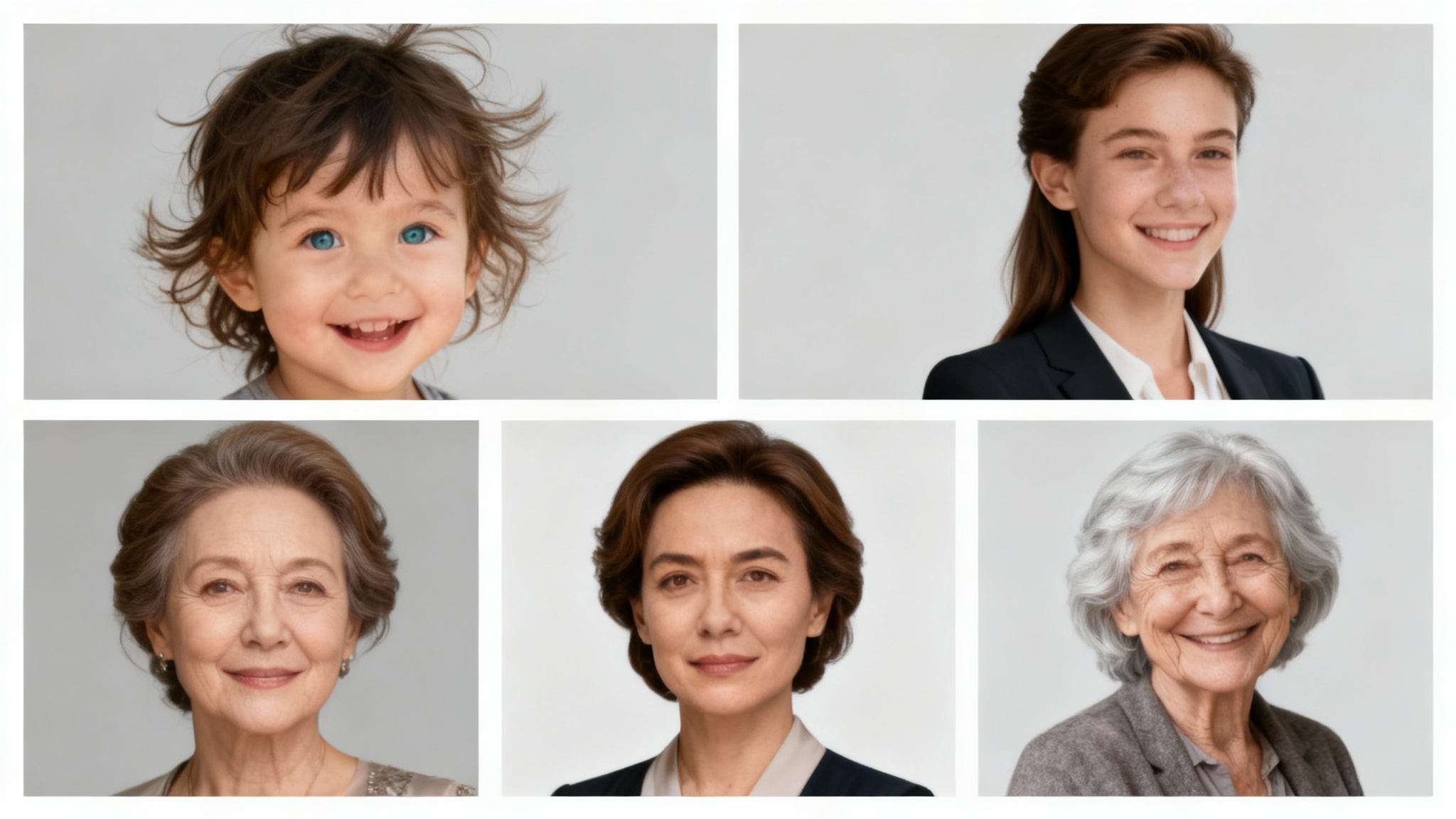 A polished 16:9 image displaying the final result of an age progression tool, showing four portraits of the same woman at different life stages: child, young adult, middle-aged, and elderly, arranged in a clean horizontal grid.