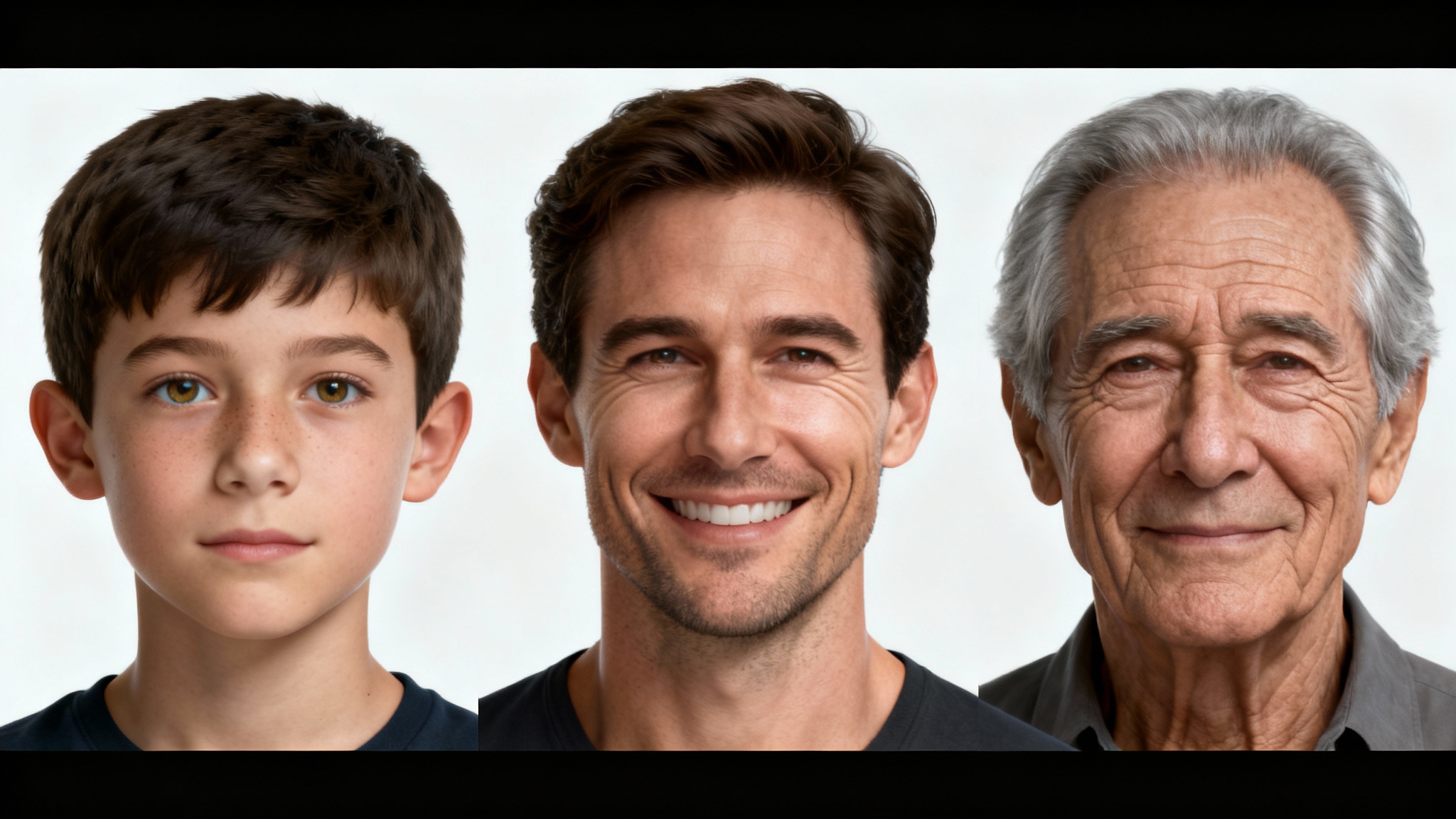 A series of three photorealistic portraits demonstrating age progression, showing a male's face as a young boy, a middle-aged adult, and a senior citizen, all against a clean white background.