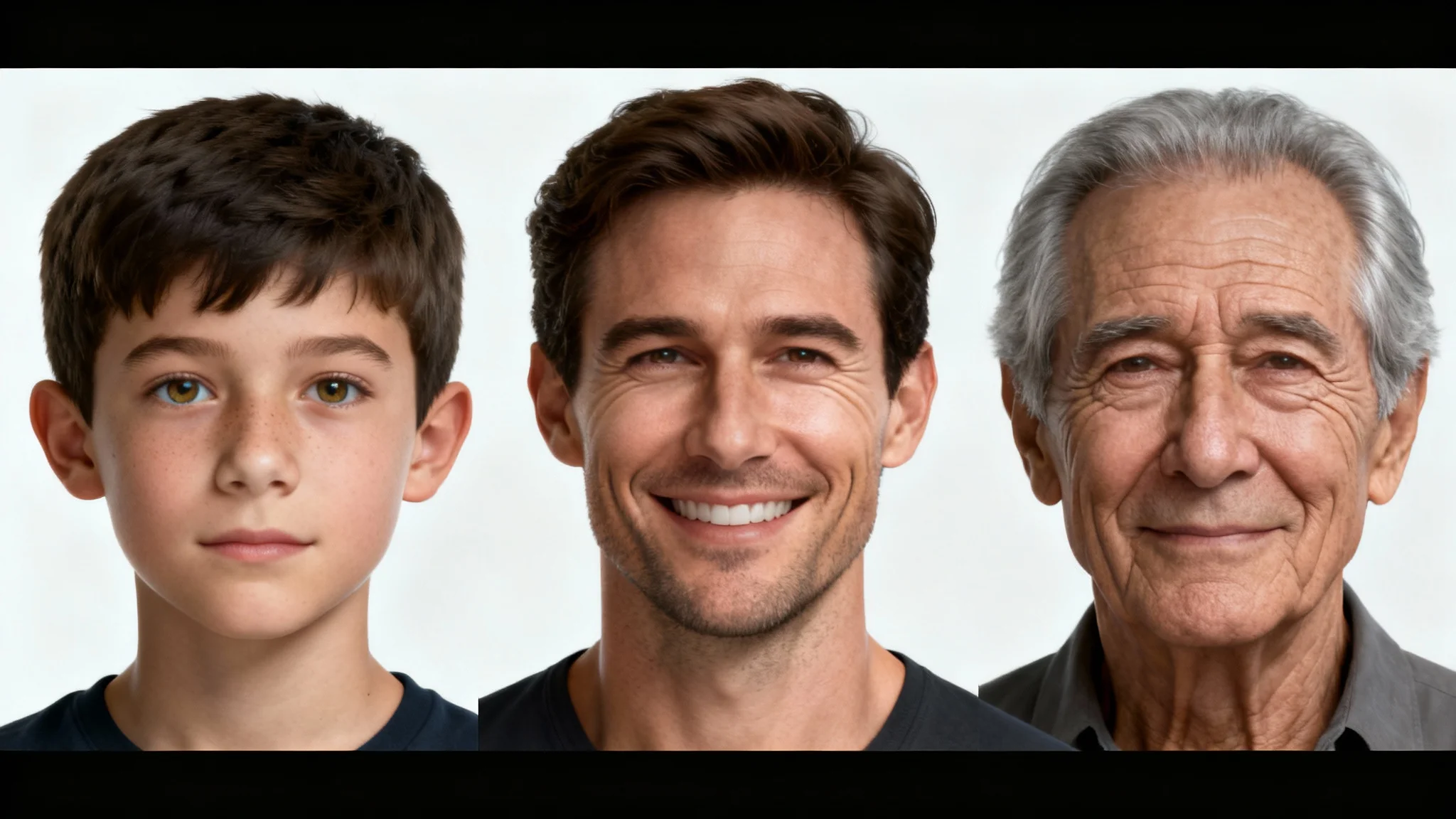A series of three photorealistic portraits demonstrating age progression, showing a male's face as a young boy, a middle-aged adult, and a senior citizen, all against a clean white background.