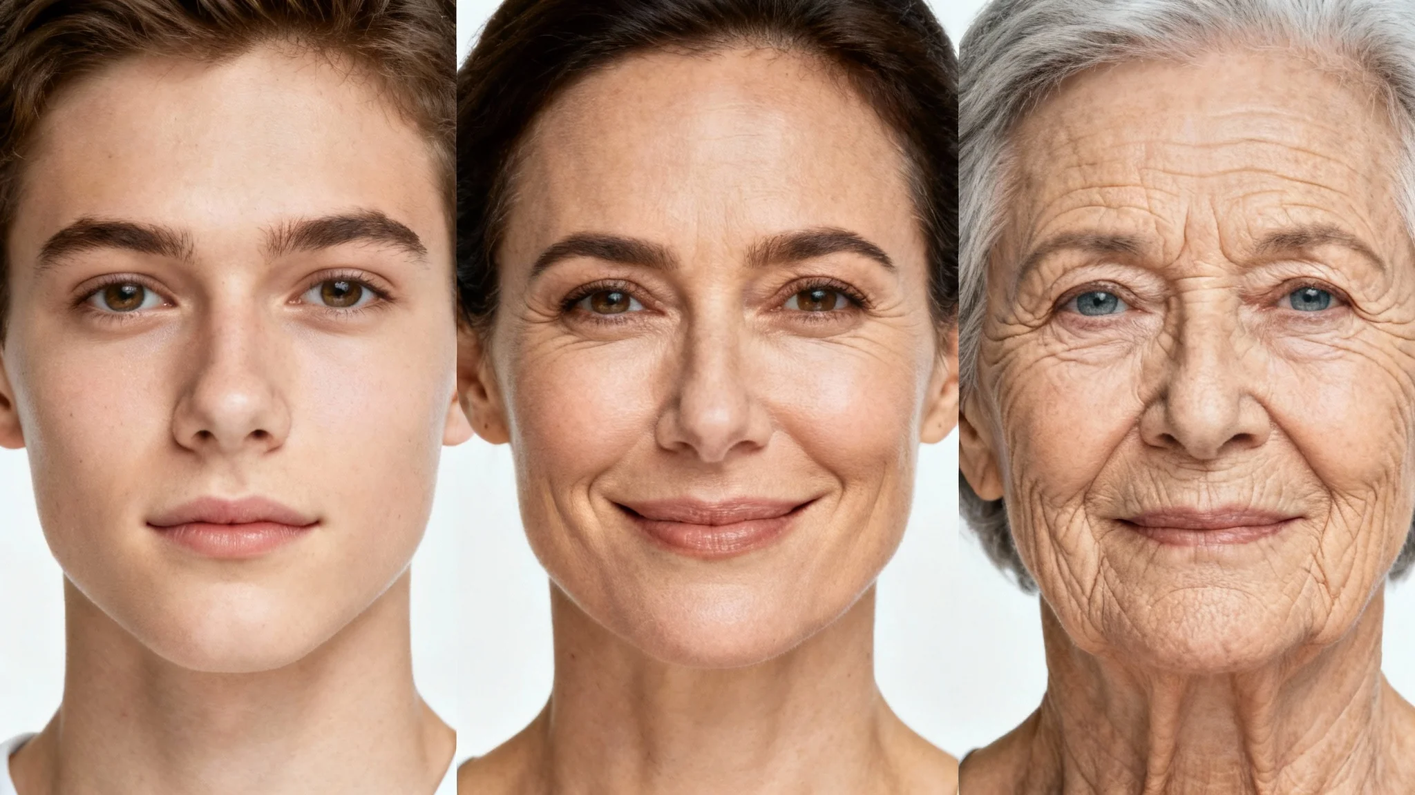 A three-panel image showing the age progression of a person's face from young adulthood, to middle age, and finally to old age, set against a plain white background.