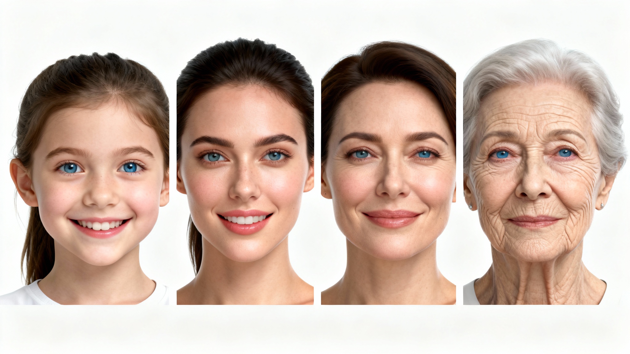 A series of four portraits showing the age progression of a woman from childhood, to young adulthood, middle age, and her senior years, against a plain white background.