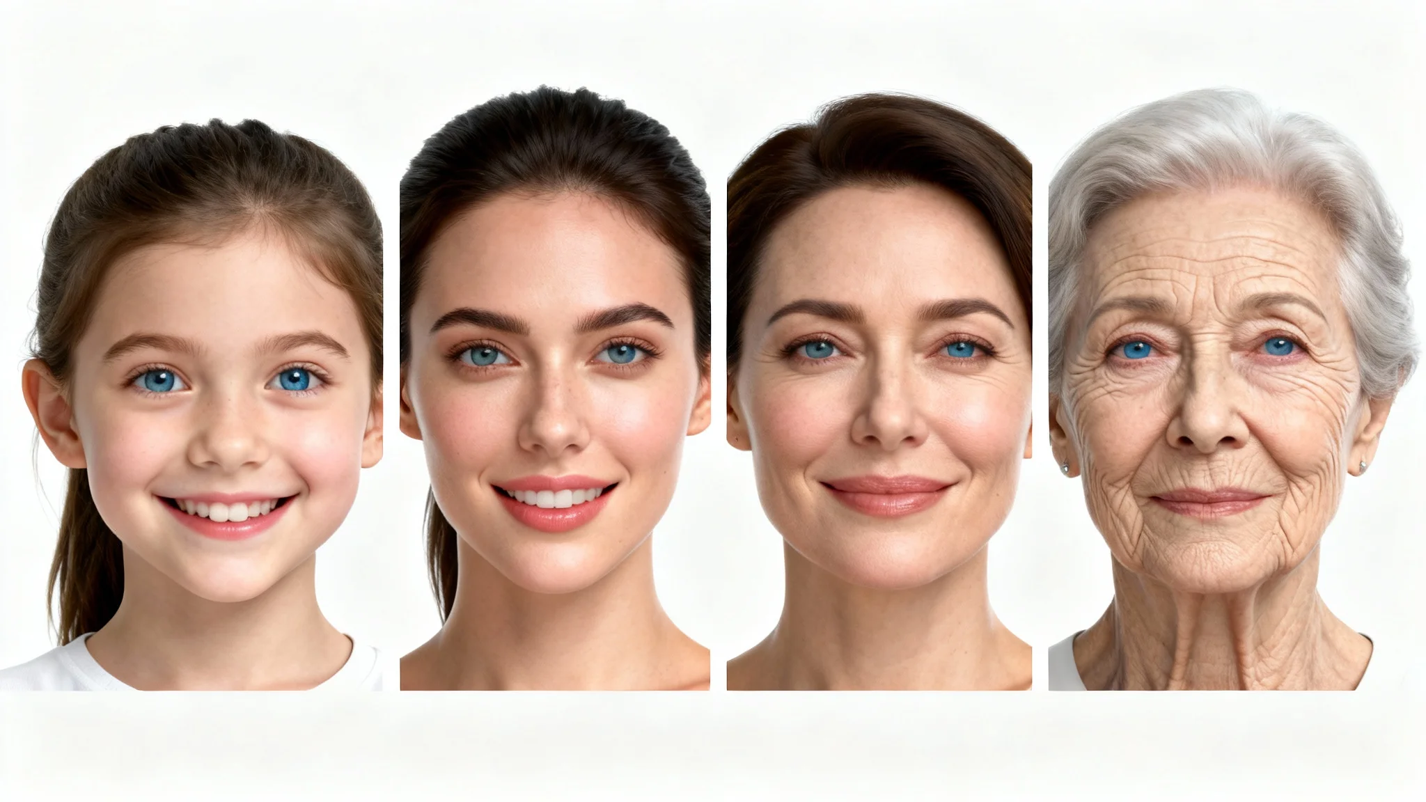 A series of four portraits showing the age progression of a woman from childhood, to young adulthood, middle age, and her senior years, against a plain white background.