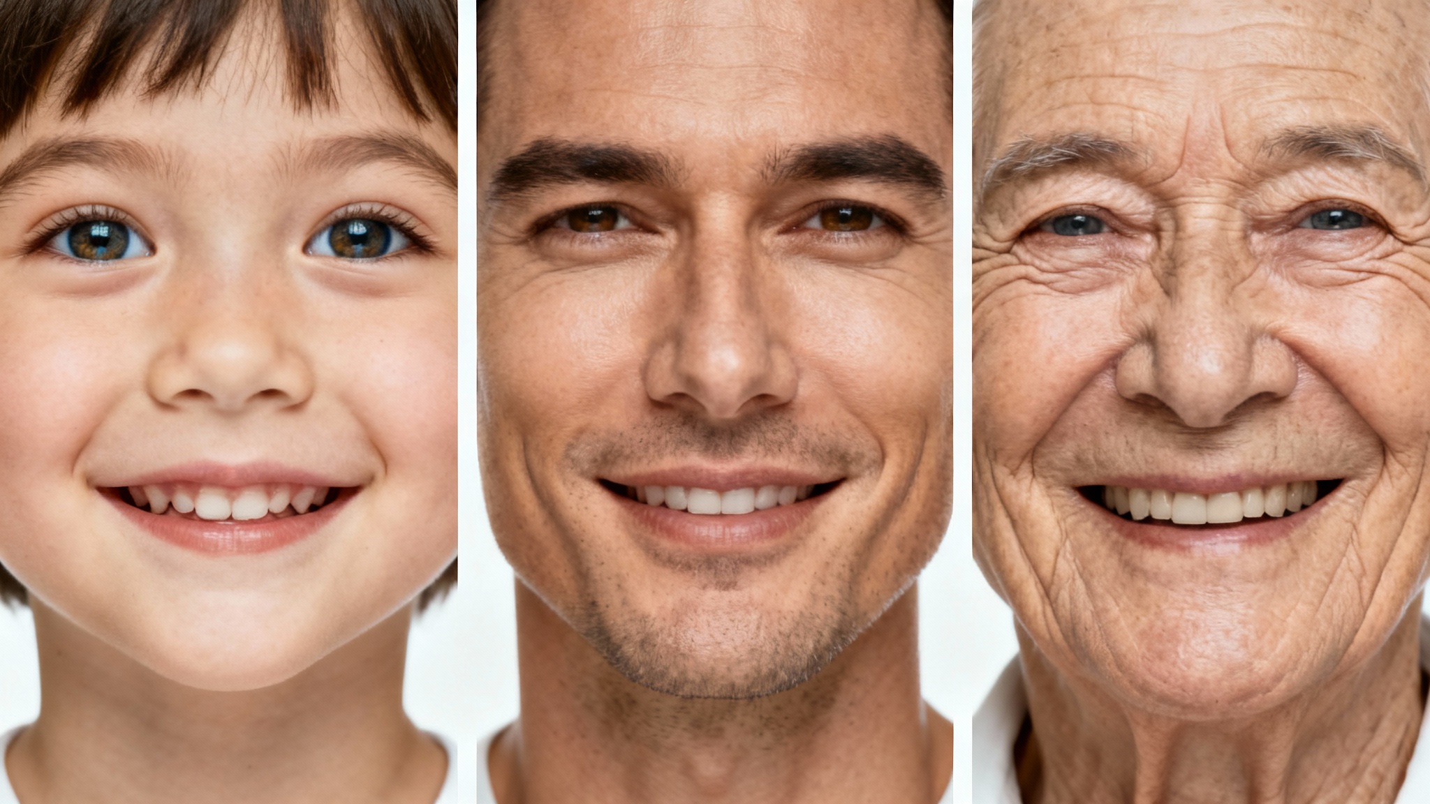 A three-panel image demonstrating age progression, showing the same person's face as a child, an adult, and a senior citizen, displayed side-by-side against a white background.