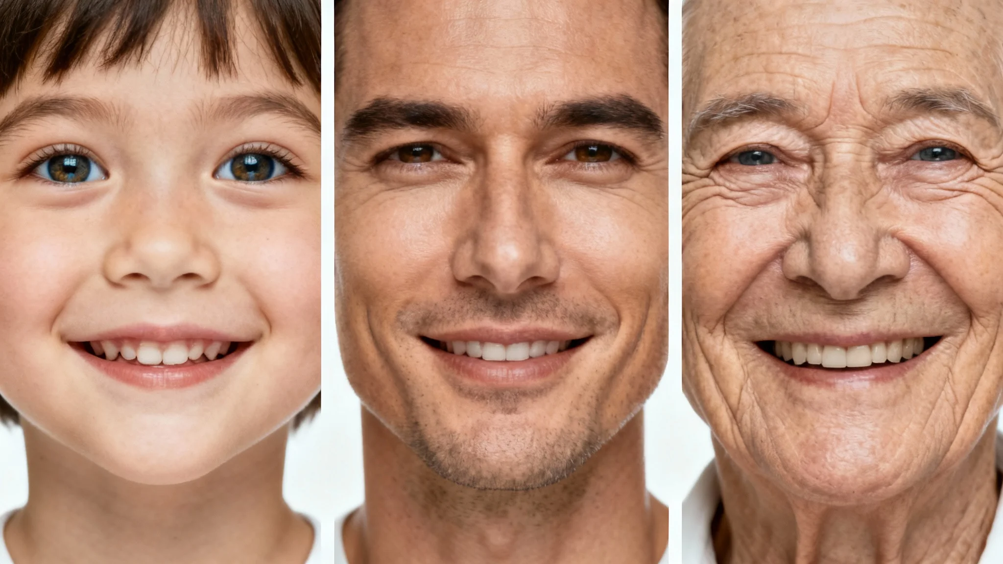 A three-panel image demonstrating age progression, showing the same person's face as a child, an adult, and a senior citizen, displayed side-by-side against a white background.