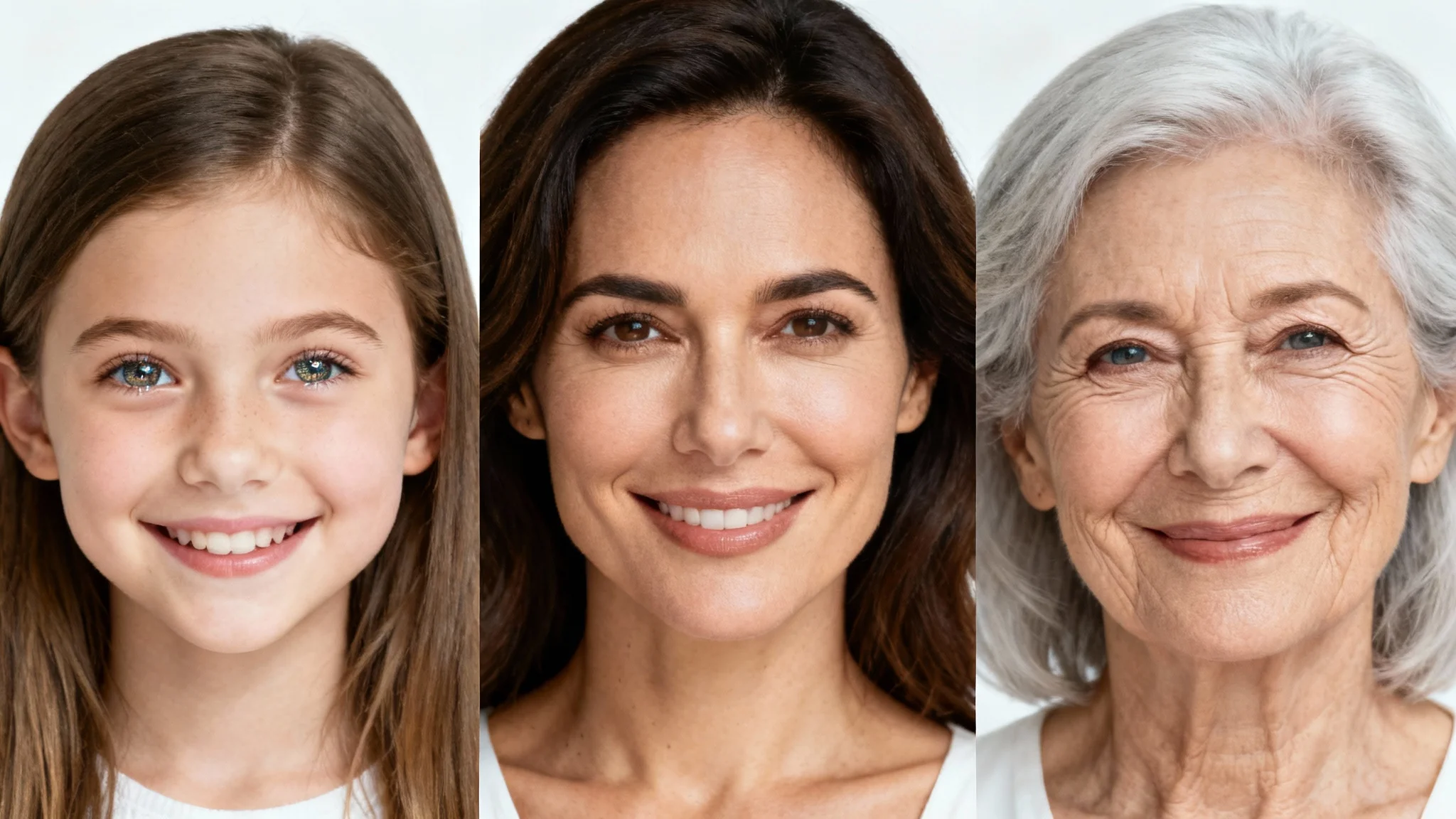 A three-panel image demonstrating the concept of age progression, showing a woman's face at three different life stages: as a child, an adult, and an elderly person, on a clean white background.