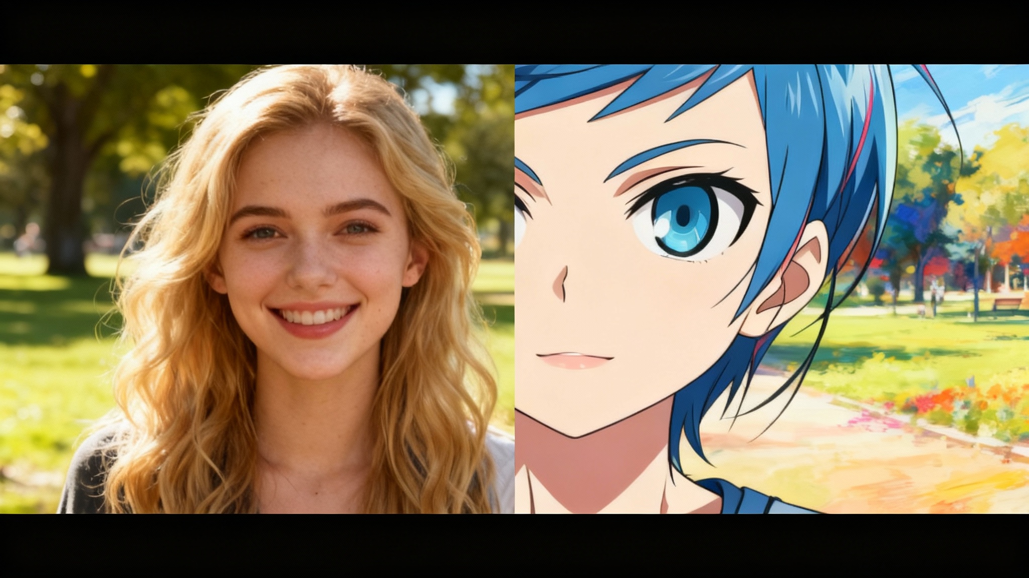 A split-screen comparison showing an anime style transfer. The left side is a realistic photo of a woman in a park; the right side is the same image converted into a vibrant, modern anime style.