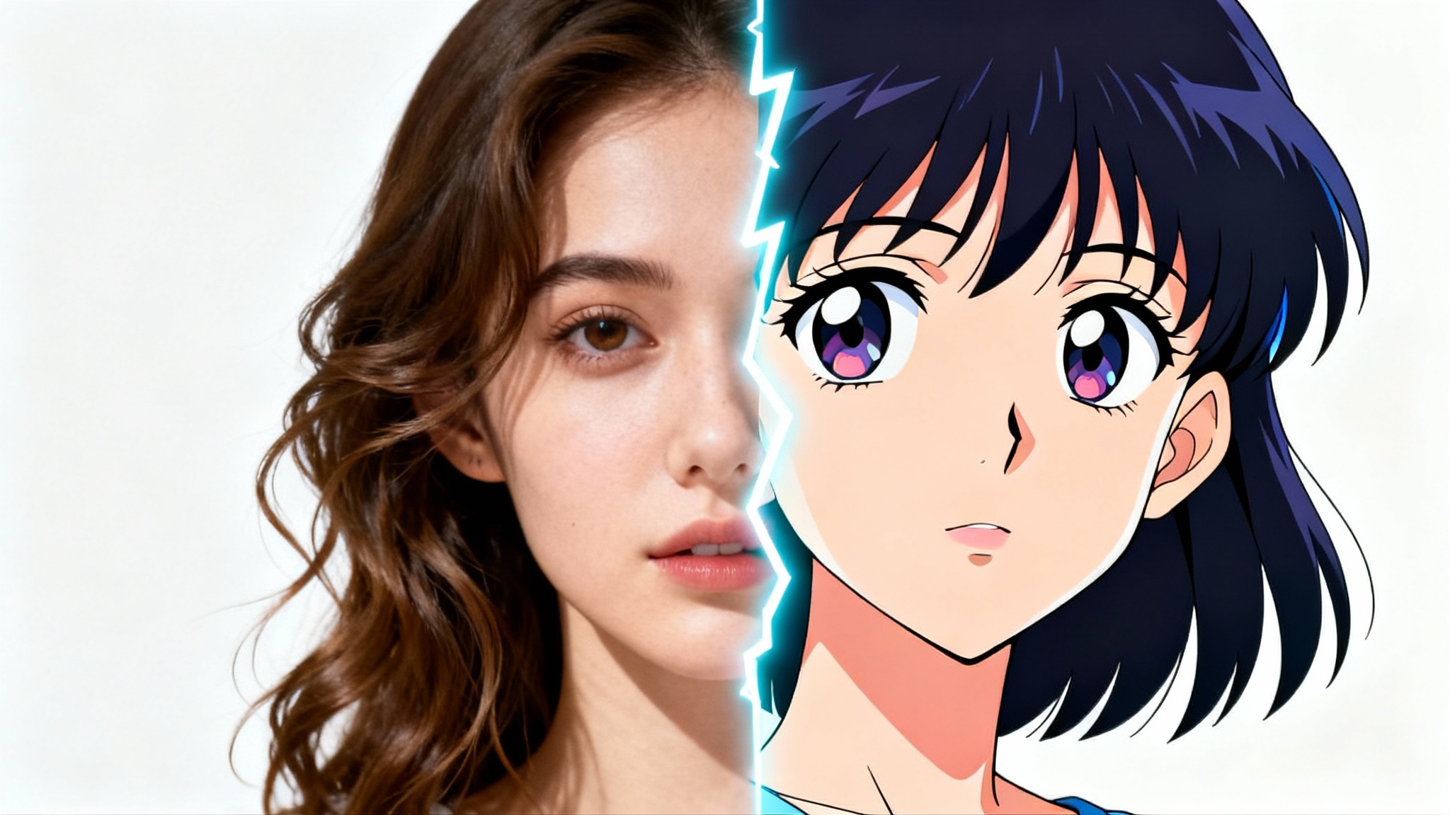 A split portrait of a woman demonstrating an anime style transfer. One half is a realistic photograph, and the other half is rendered in a classic 90s anime style, set against a plain white background.