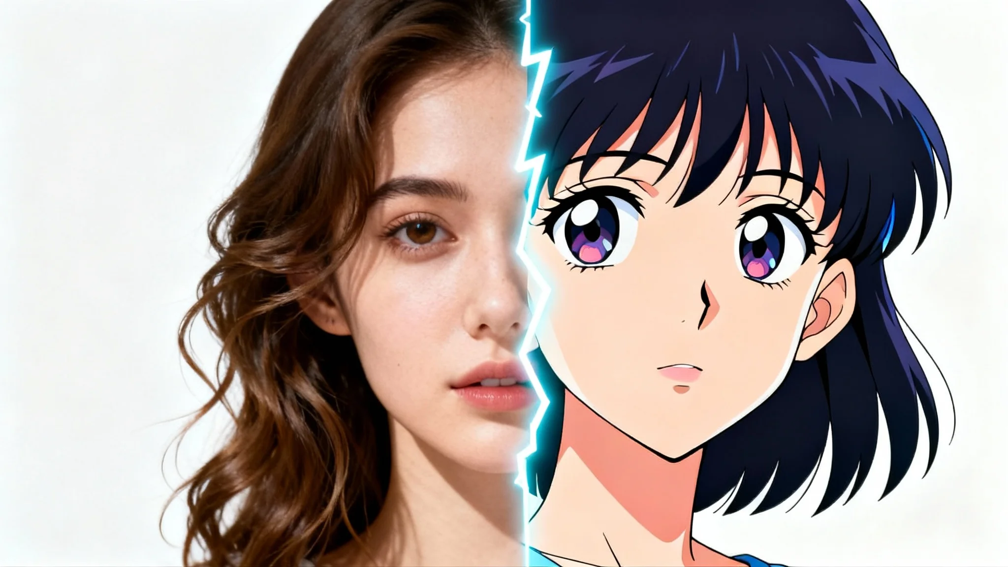 A split portrait of a woman demonstrating an anime style transfer. One half is a realistic photograph, and the other half is rendered in a classic 90s anime style, set against a plain white background.