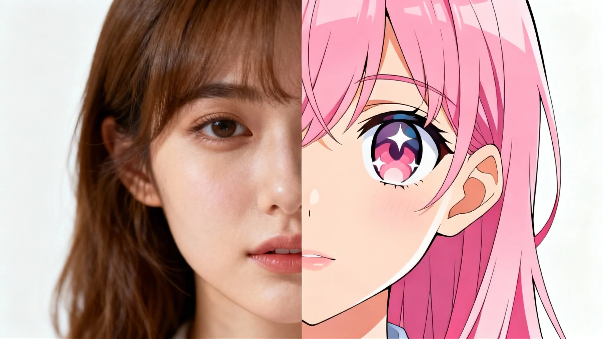 A split image demonstrating an anime style transfer. The left side shows a realistic photo of a woman, and the right side shows the same woman transformed into a colorful anime character.