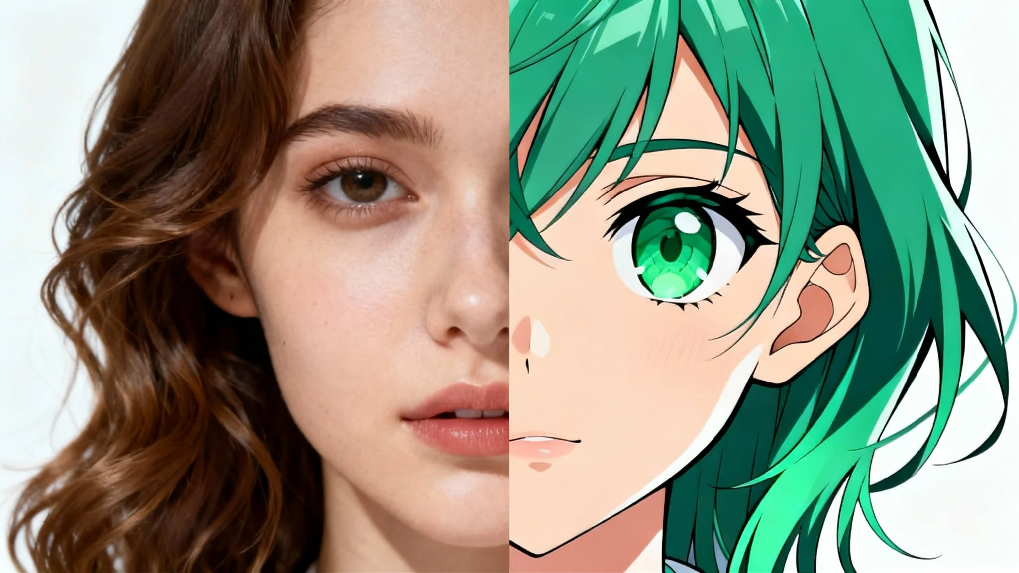 A split-screen image demonstrating an anime style transfer. The left side shows a realistic photograph of a woman, and the right side shows her seamlessly transformed into a colorful anime character.