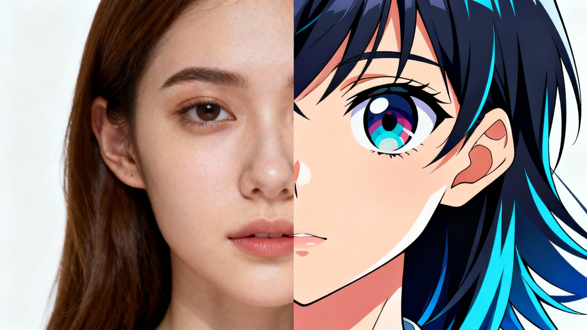 A split-screen image demonstrating an anime style transfer. The left side shows a realistic photograph of a woman, while the right side shows the same woman rendered in a vibrant anime art style against a white background.