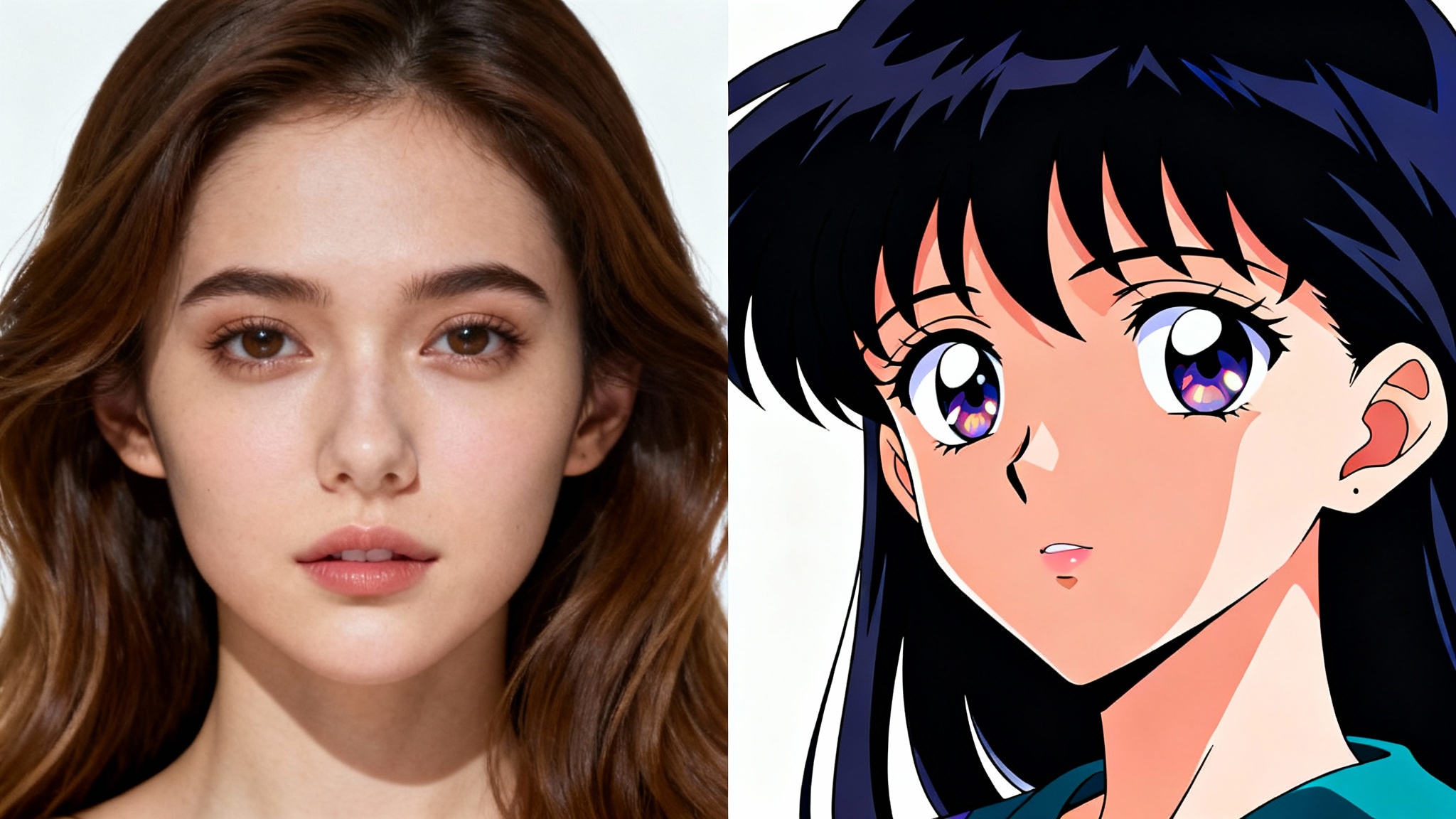 A split-screen image showing the effect of an anime style transfer. The left side is a photorealistic portrait of a woman, and the right side is the same woman drawn in a vibrant anime style.