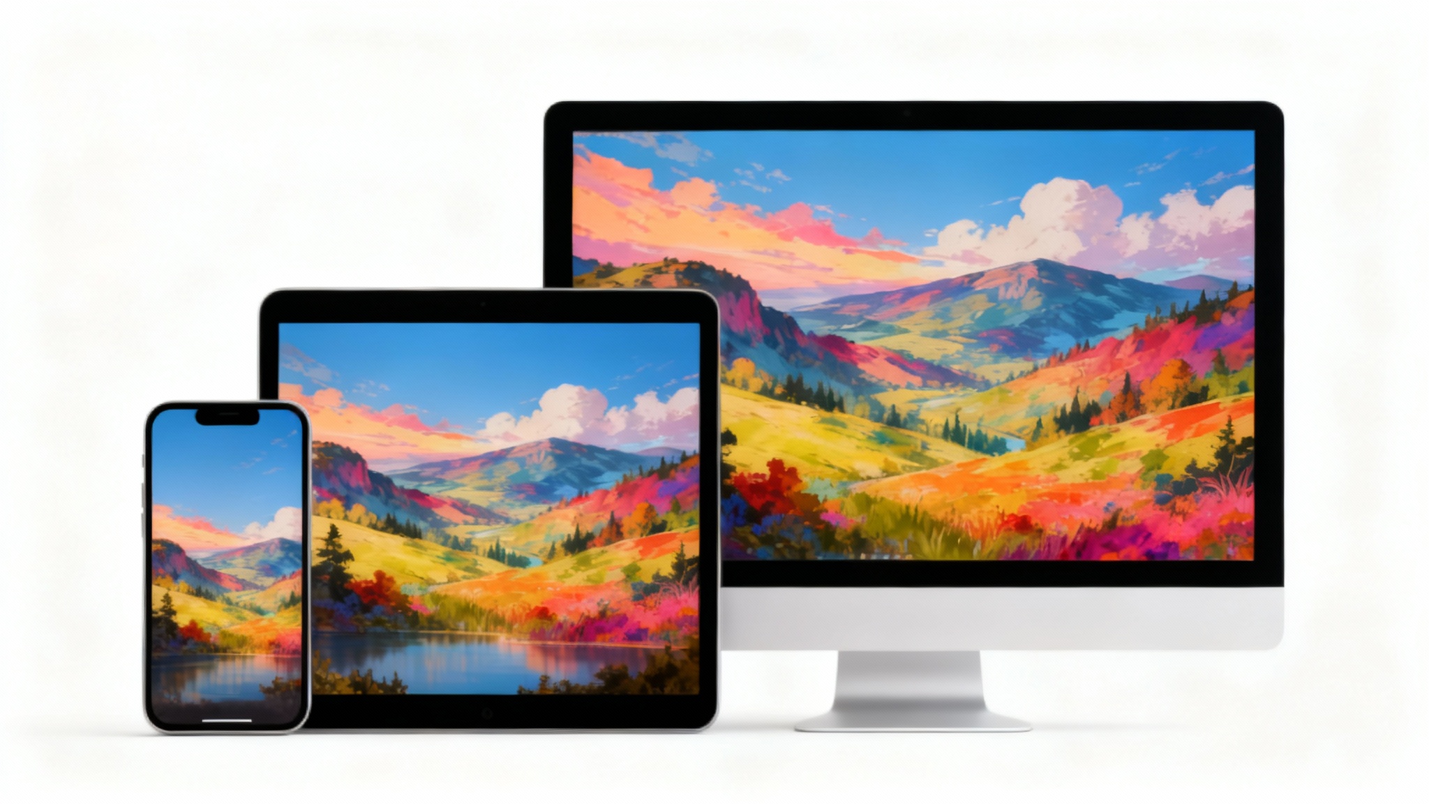 A demonstration of an image resizing tool, showing a beautiful mountain landscape photo perfectly adapted to a phone, tablet, and desktop screen side-by-side.
