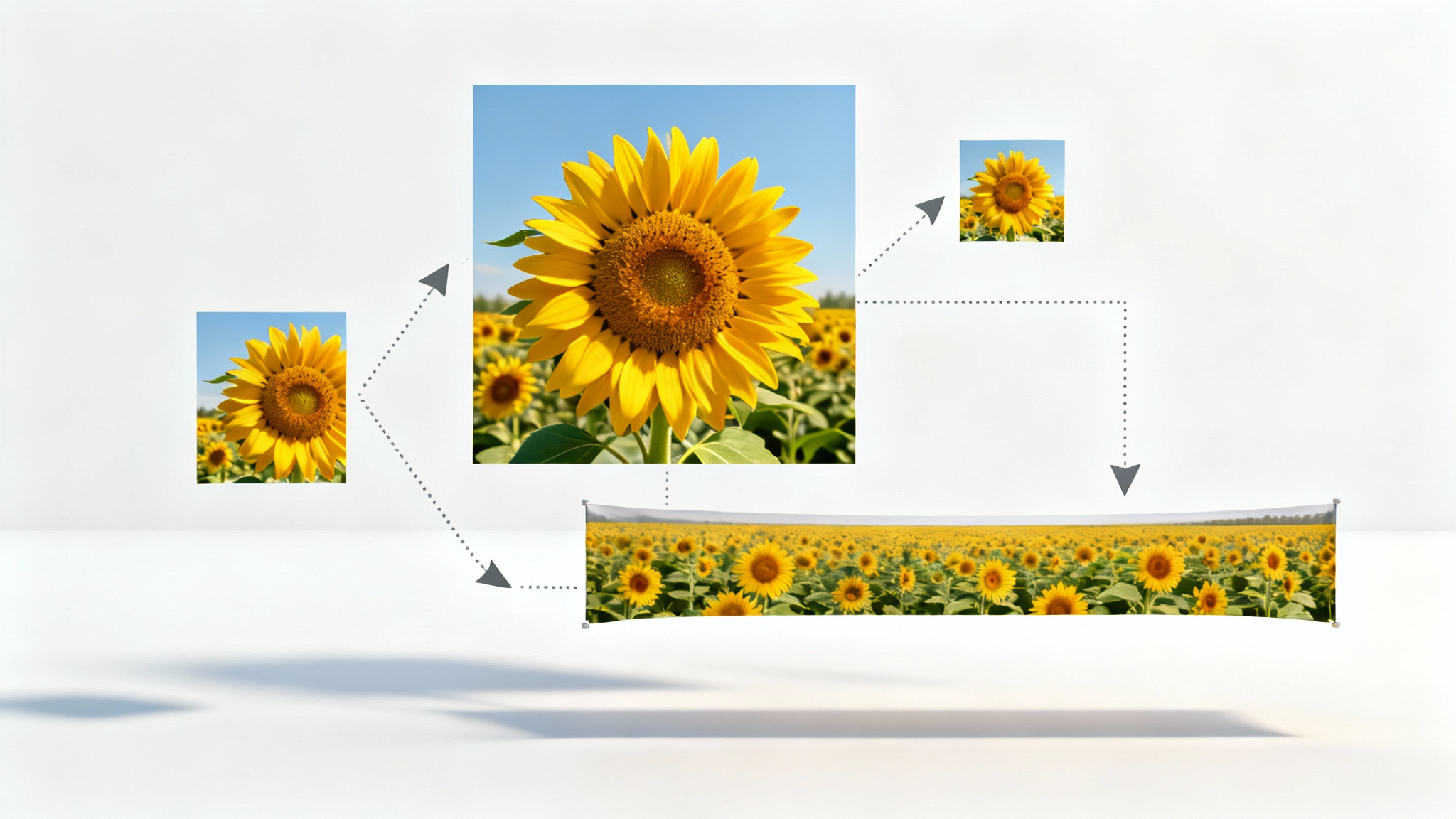 A central photo of a sunflower with larger, smaller, and wider versions radiating outwards, visually representing the concept of image resizing against a clean white background.