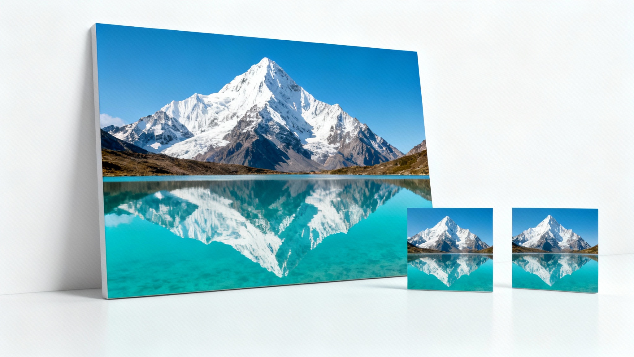 A large photograph of a mountain landscape is displayed next to two smaller versions of the same image, visually representing an image resizing tool.