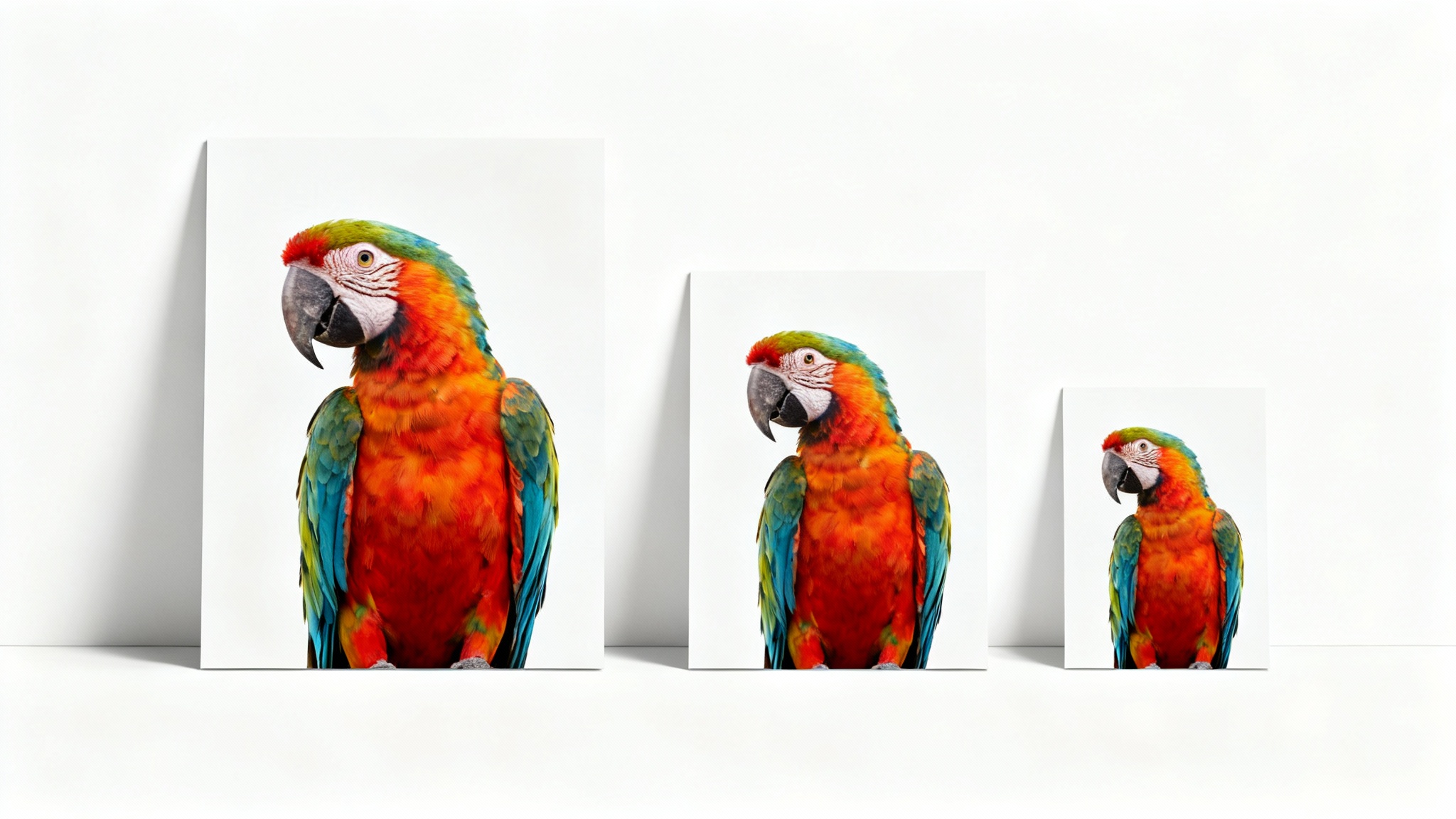 A mockup illustrating image resizing, showing three identical photos of a colorful macaw in large, medium, and small sizes, all displayed clearly on a white background.