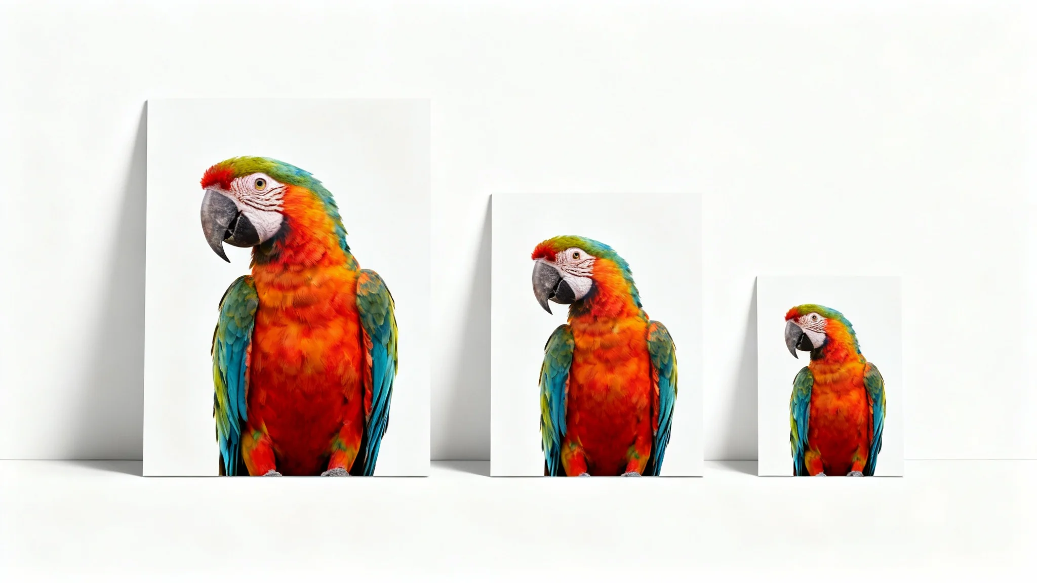 A mockup illustrating image resizing, showing three identical photos of a colorful macaw in large, medium, and small sizes, all displayed clearly on a white background.
