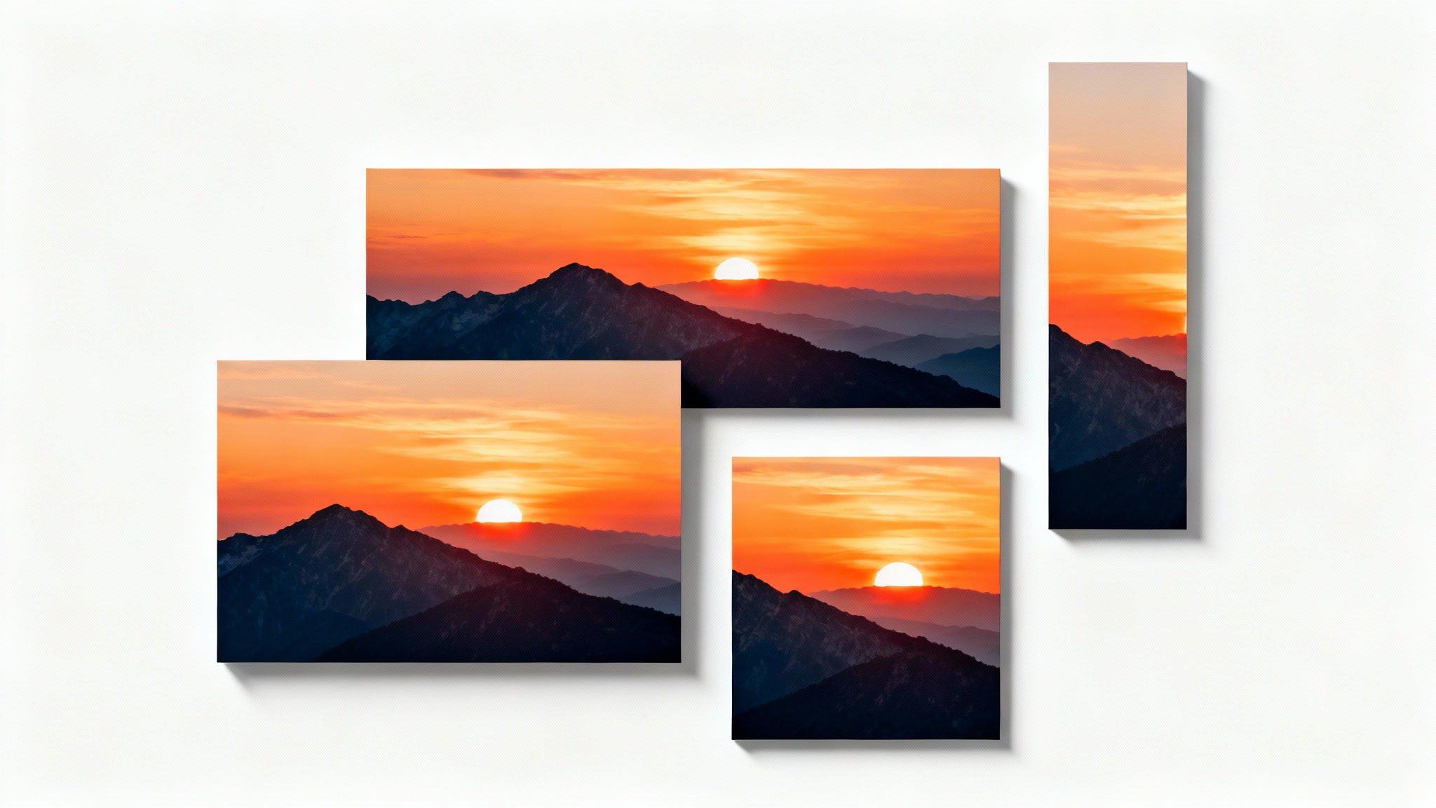 A mockup showing the concept of resizing an image. A single photo of a mountain sunrise is displayed in four different sizes and shapespanoramic, rectangular, square, and vertical, arranged on a white background.