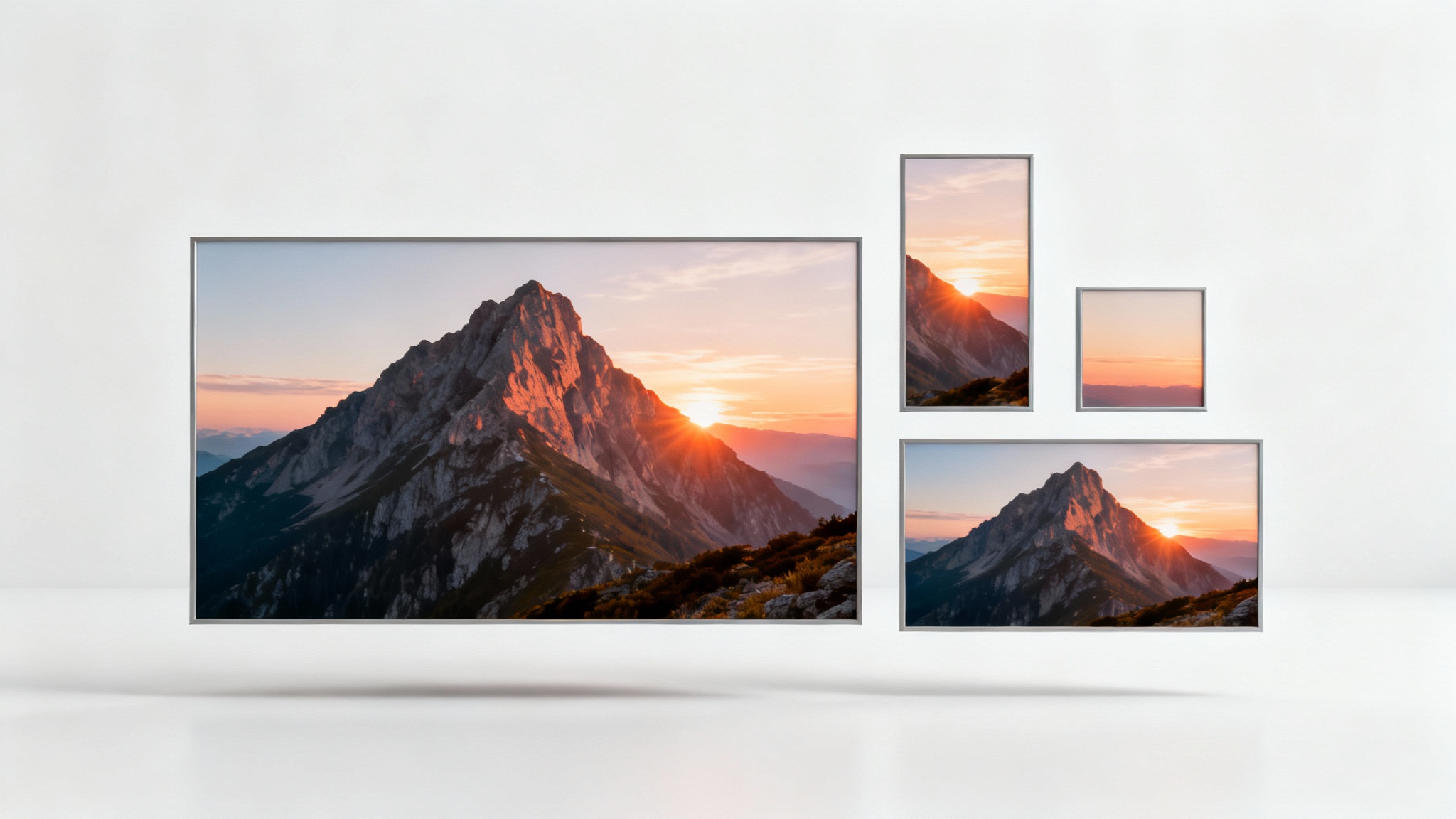 A single photograph of a mountain displayed in four different aspect ratios, landscape, portrait, square, and panoramic, to illustrate image resizing.