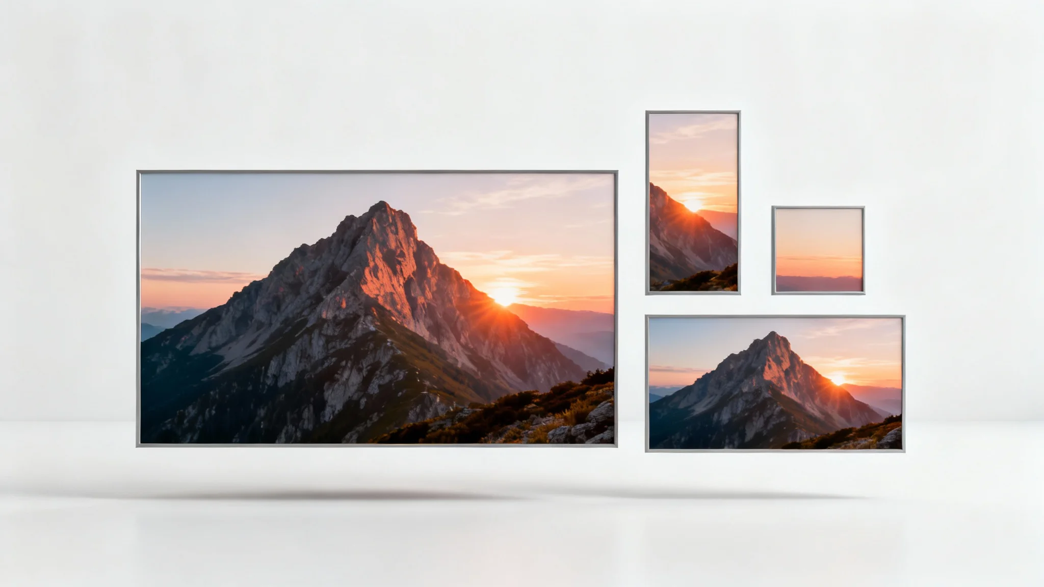 A single photograph of a mountain displayed in four different aspect ratios, landscape, portrait, square, and panoramic, to illustrate image resizing.