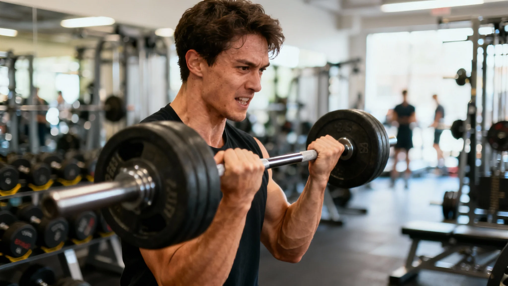 A photorealistic image of an athletic person in sharp focus lifting weights, with the gym behind them completely blurred out to demonstrate a depth-of-field effect.