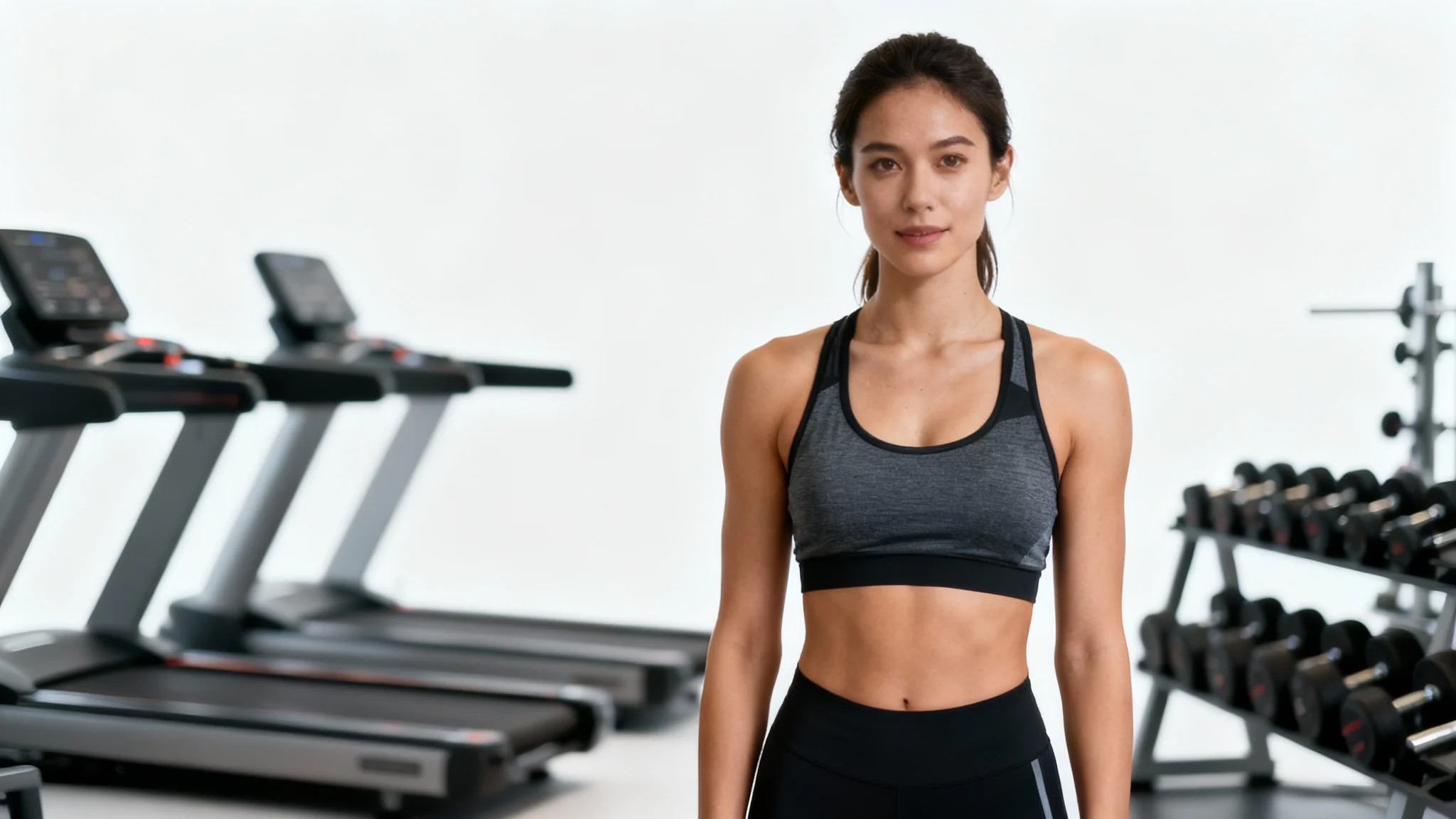 A professional photo of a fit woman in a gym. She is in sharp focus while the gym equipment in the background is heavily blurred, creating a depth-of-field effect.