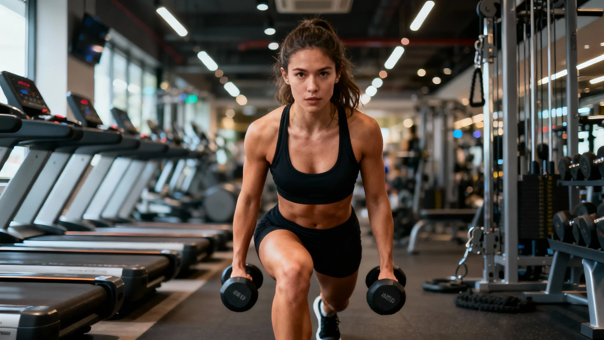 An athletic woman is in sharp focus doing a lunge with dumbbells in a gym, with the background intentionally and heavily blurred to make her stand out.