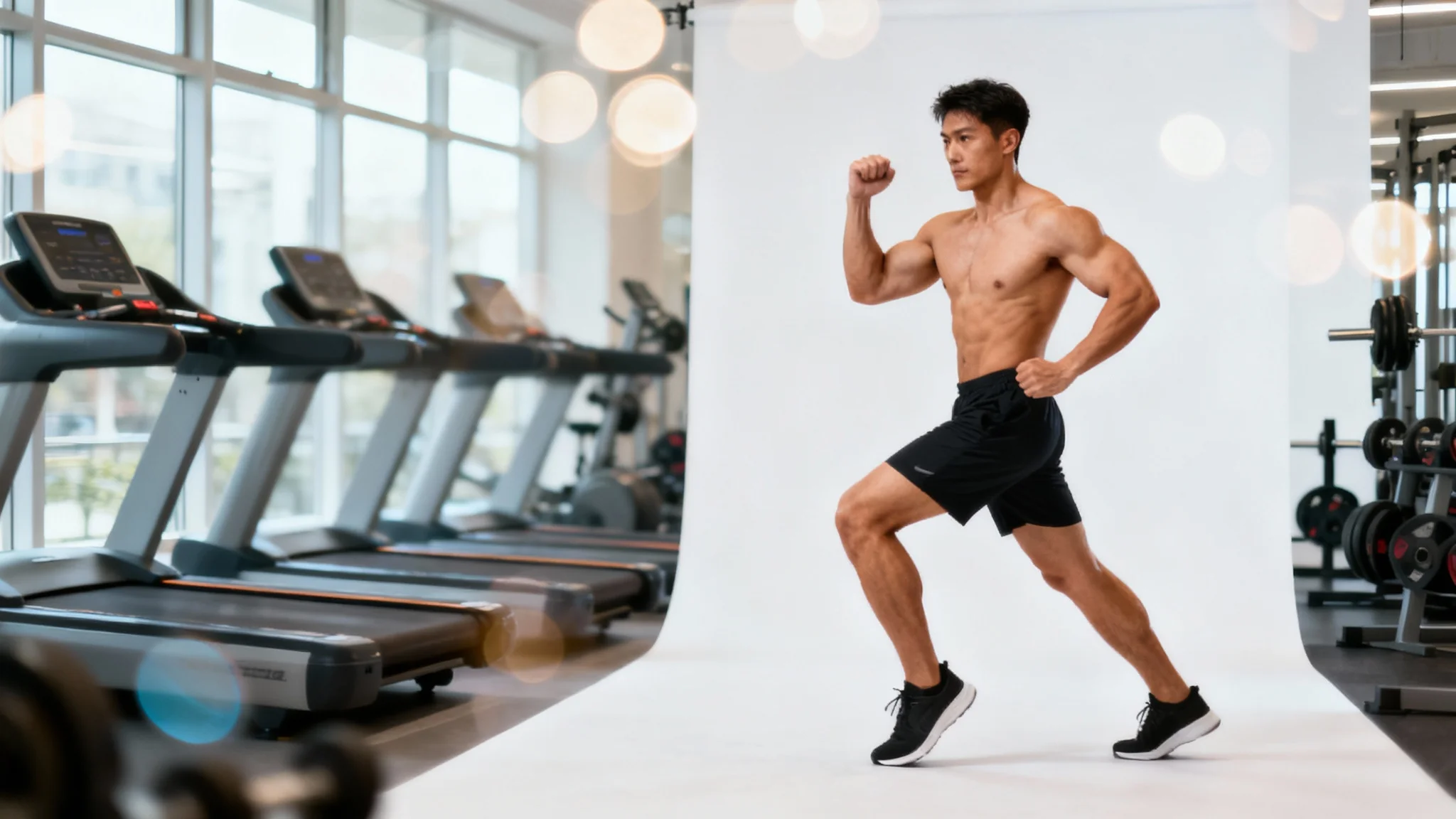 A photorealistic image of a fit person in sharp focus at a gym, with the gym equipment and background heavily blurred to create a depth effect.