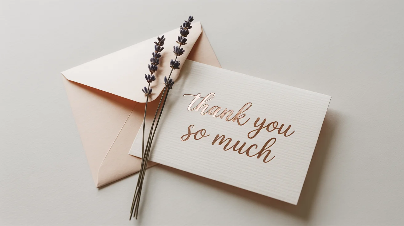 A close-up, top-down view of a beautiful ivory thank you card with the words 'Thank You' in rose gold foil, placed on a white background with a matching envelope and a sprig of baby's breath.
