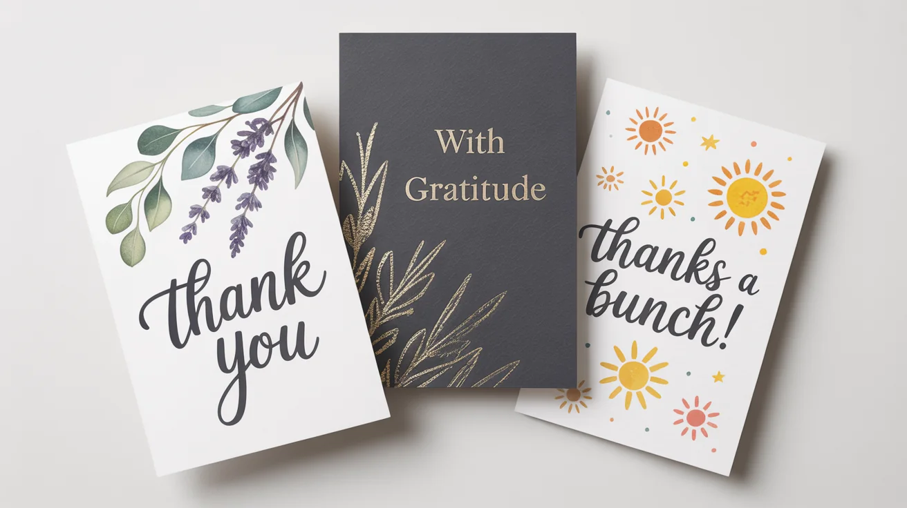 A collection of three distinct and beautifully designed thank you cards, for both personal and business use, arranged on a clean white background.