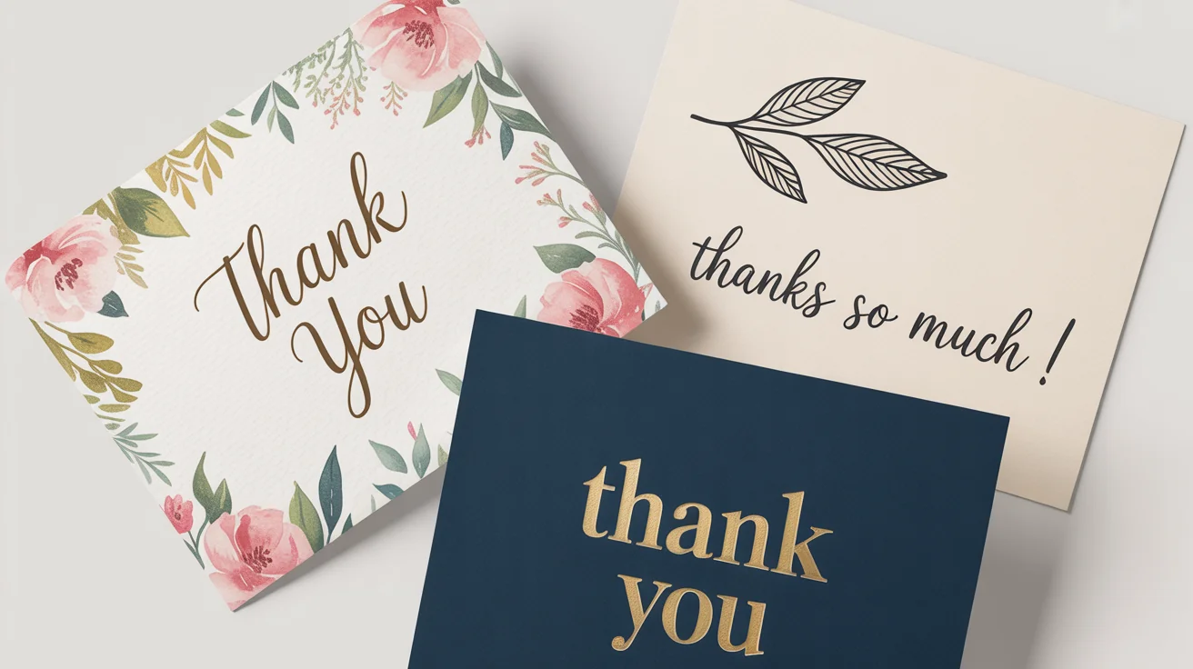 A flat lay of three unique thank you cards on a white background: one with watercolor florals, one professional with gold foil text, and one with a simple handwritten design.