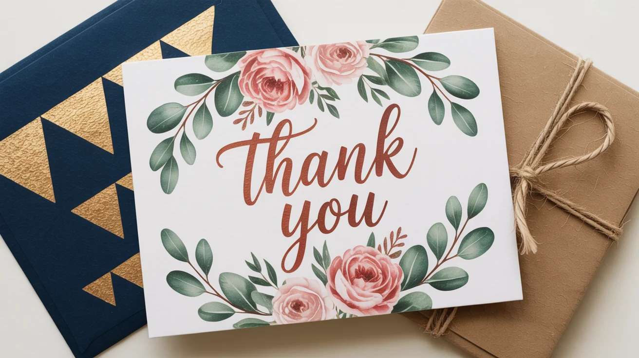 A flat-lay arrangement of three distinct and artistic thank you cards on a white background, showcasing options for personal and business use.