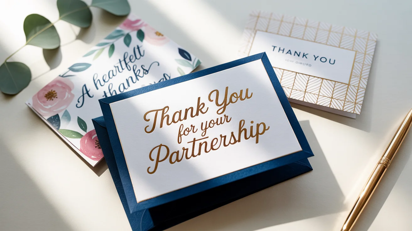 An elegant flat lay of three distinct thank you cards on a white background: a professional navy and gold card, a personal watercolor floral card, and a modern geometric card, styled with a gold pen and eucalyptus.