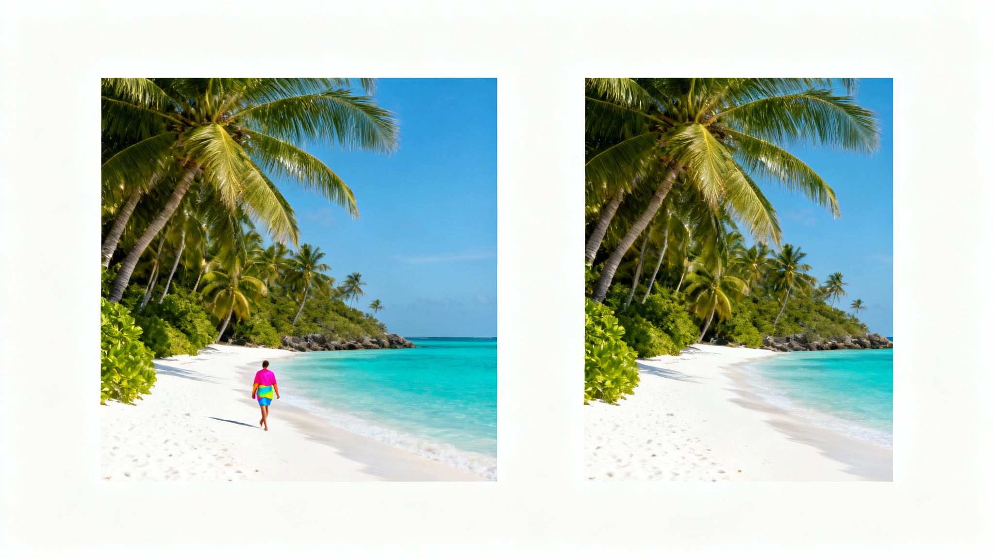A before-and-after comparison image demonstrating inpainting. The left half shows a beach photo with a person, and the right half shows the same photo with the person seamlessly removed, resulting in a perfect, empty beach.