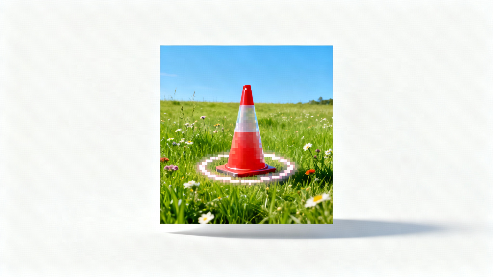 A conceptual image demonstrating inpainting, showing a traffic cone being magically erased from a beautiful meadow photograph, with the grass and flowers seamlessly filling in the space behind it.