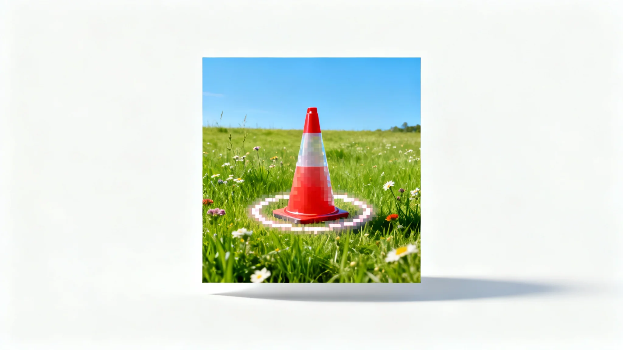 A conceptual image demonstrating inpainting, showing a traffic cone being magically erased from a beautiful meadow photograph, with the grass and flowers seamlessly filling in the space behind it.