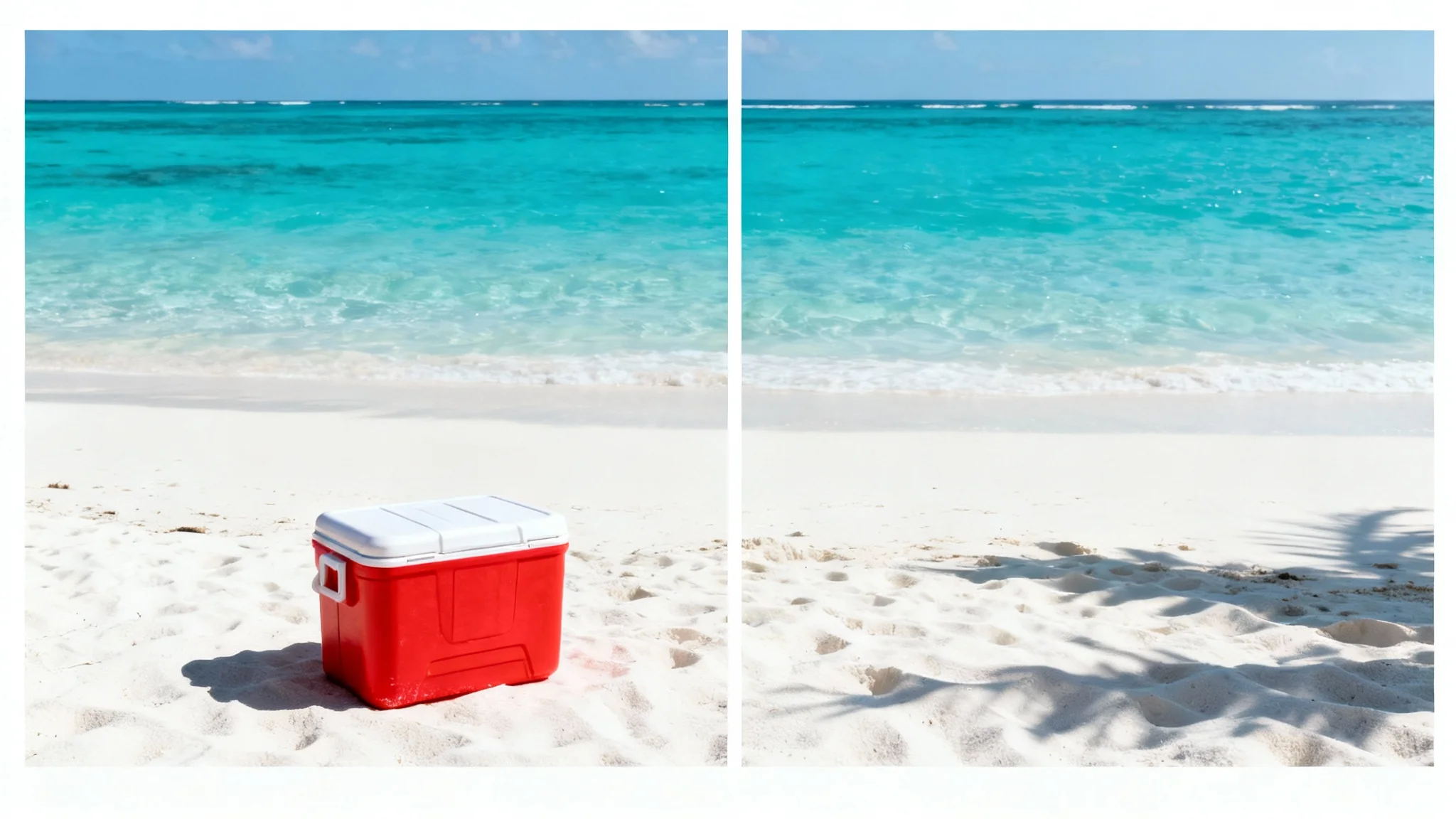 A conceptual mockup demonstrating inpainting. A single photo of a beach is split in half: the left side shows a red cooler on the sand, and the right side shows the same scene with the cooler seamlessly erased.