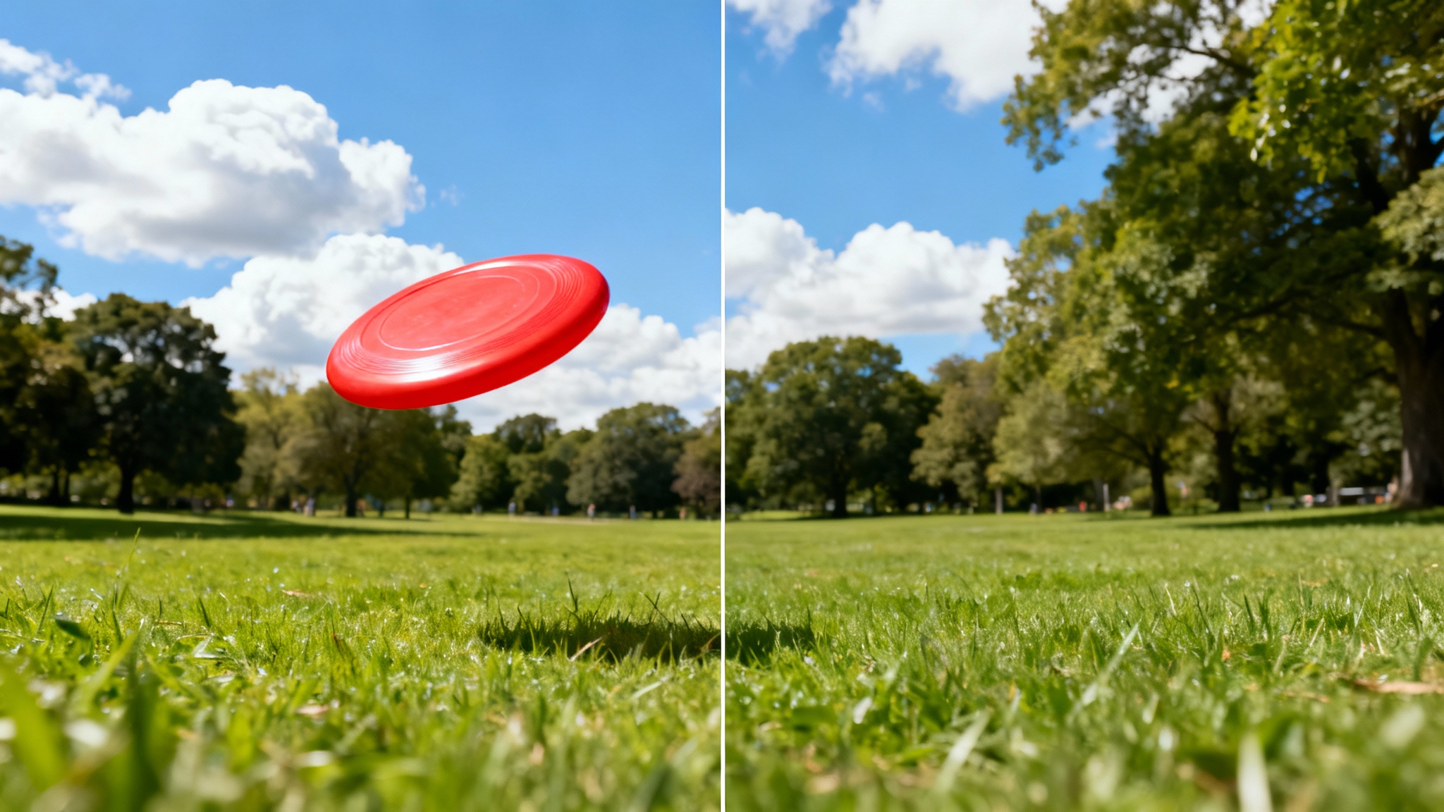A before-and-after comparison image demonstrating inpainting. The left side shows a red frisbee in a park, and the right side shows the same scene with the frisbee perfectly erased, leaving only the park background.