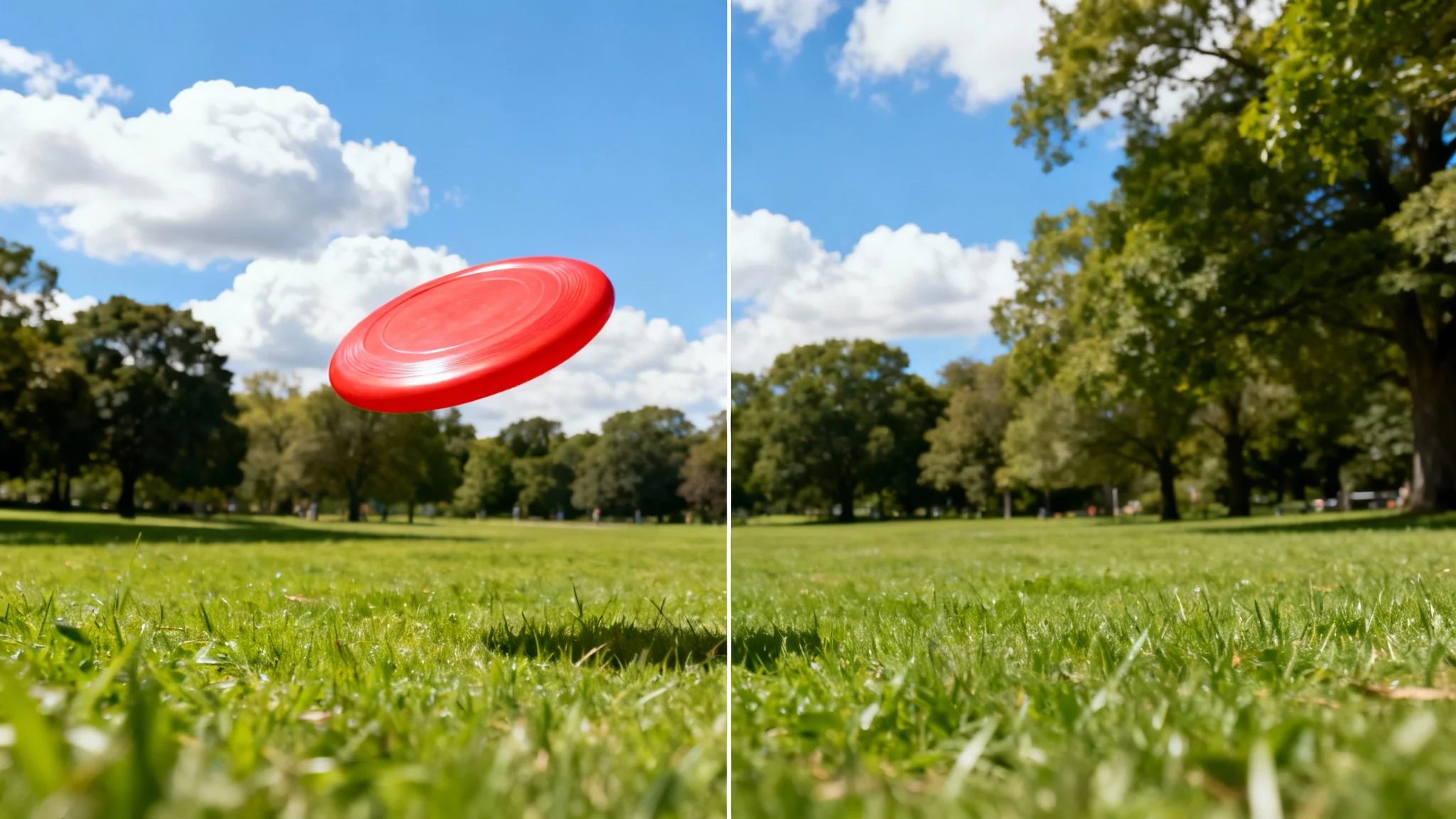 A before-and-after comparison image demonstrating inpainting. The left side shows a red frisbee in a park, and the right side shows the same scene with the frisbee perfectly erased, leaving only the park background.
