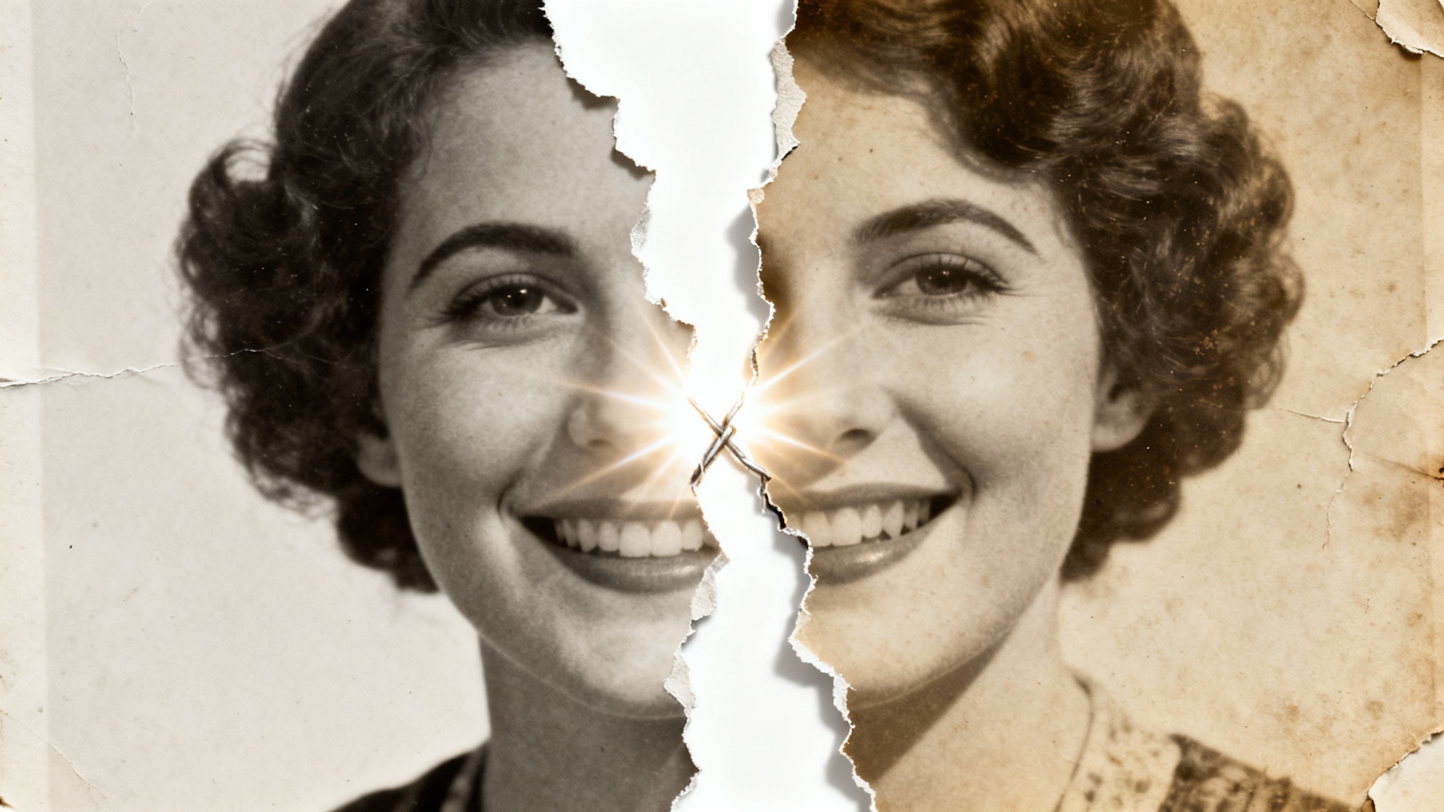 A symbolic representation of inpainting, showing a torn vintage photograph being magically mended by a glowing light on a clean white background.