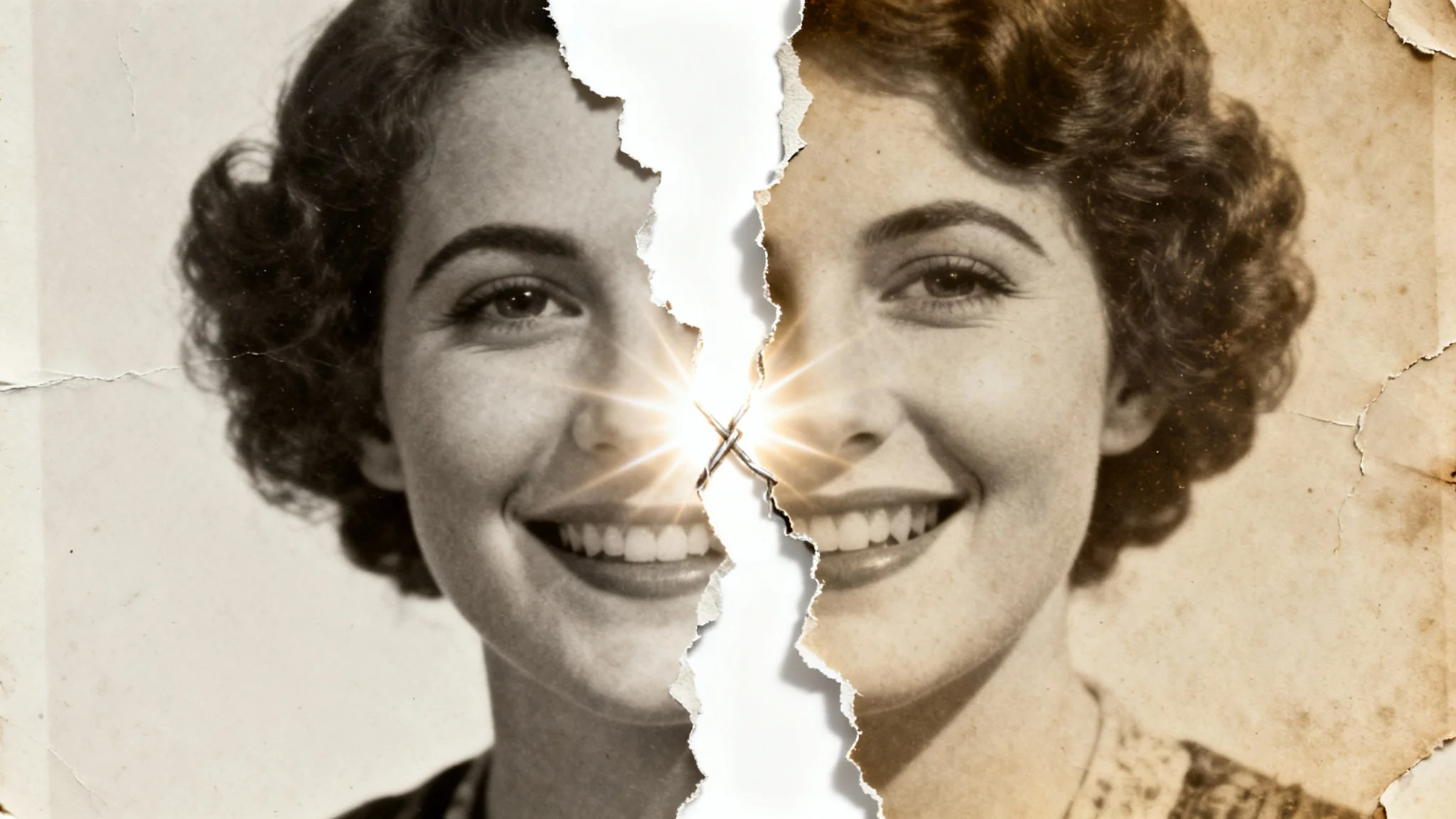 A symbolic representation of inpainting, showing a torn vintage photograph being magically mended by a glowing light on a clean white background.