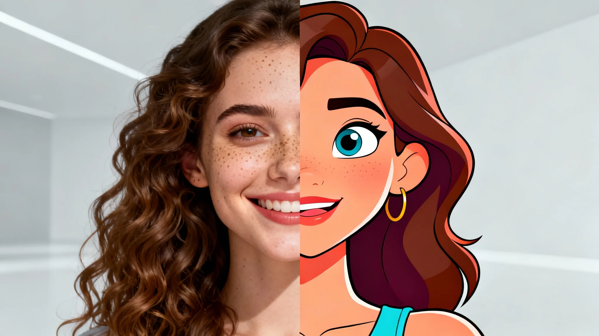 A hero image demonstrating a photo-to-cartoon effect, where the left side is a realistic photo of a woman and the right side is her colorful cartoon counterpart.