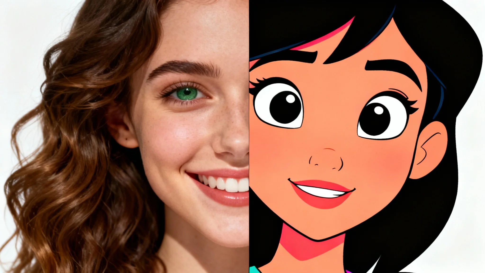 A split image showing a woman's face, with the left half being a realistic photograph and the right half being a vibrant cartoon version, demonstrating a photo-to-cartoon effect.