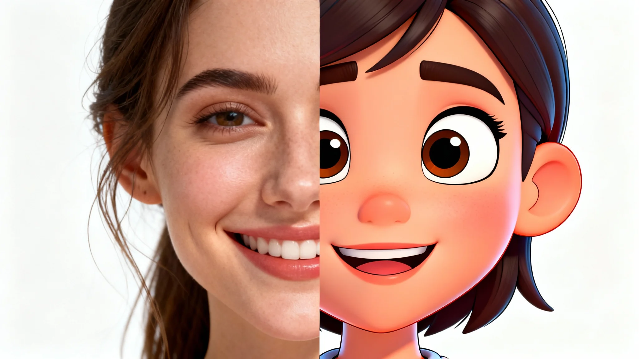 A split-image showing the photo-to-cartoon effect on a woman's face. The left side is a realistic photograph, and the right side is the same face rendered as a vibrant 3D cartoon, all on a plain white background.