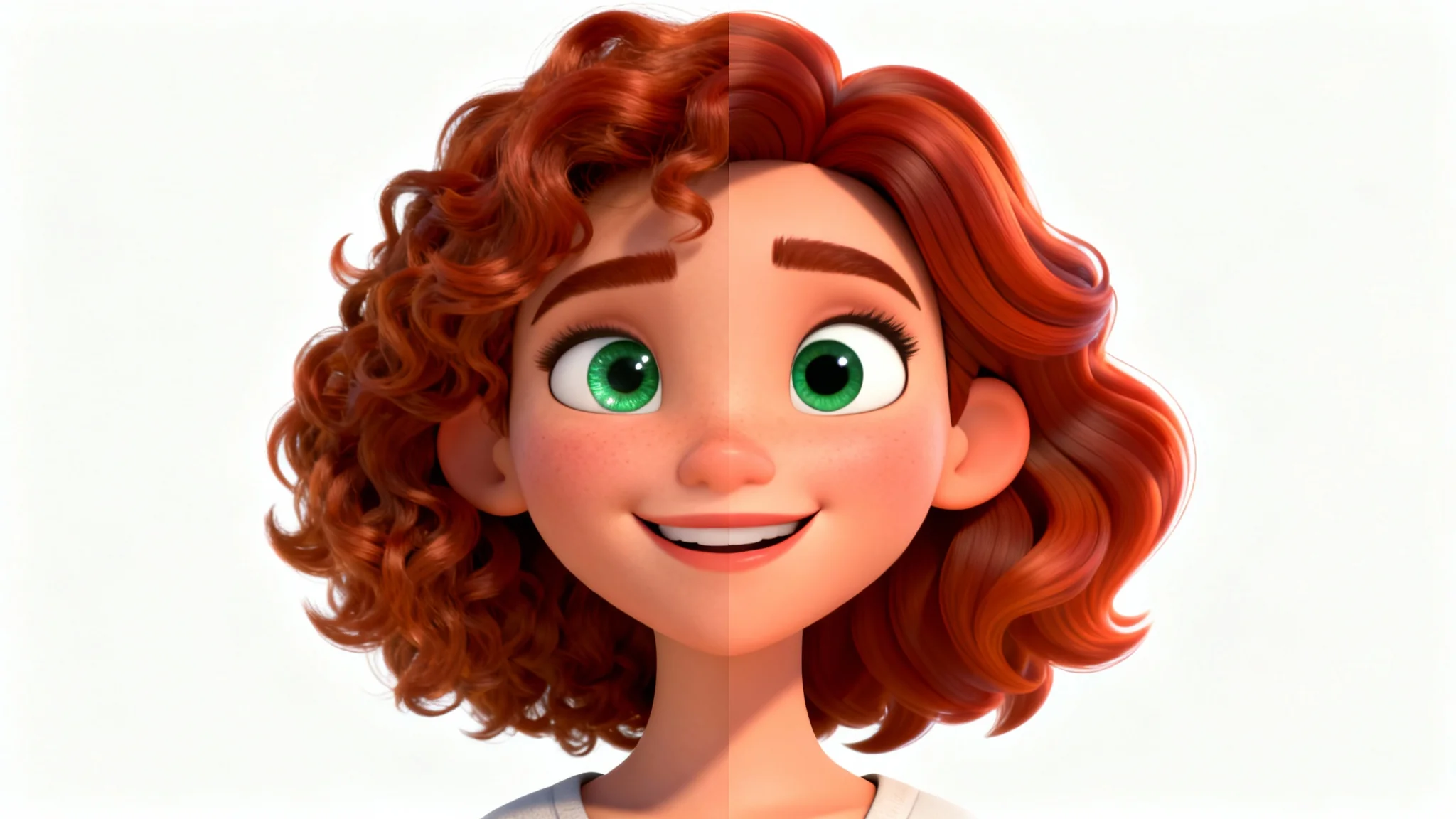 An image split in half, showing the transformation of a realistic photo of a woman on the left into a vibrant cartoon version of herself on the right.