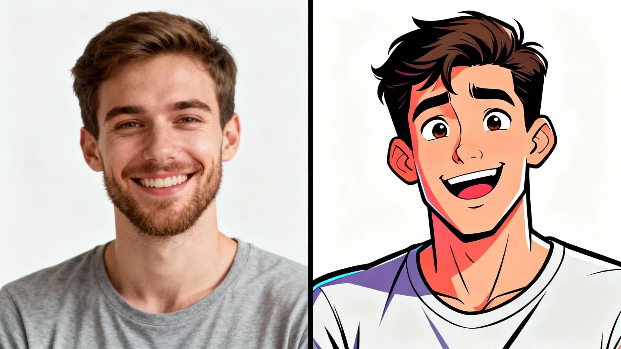A split-screen image demonstrating a 'photo to cartoon' effect. The left side shows a realistic photo of a man, and the right side shows the same man transformed into a cartoon character.