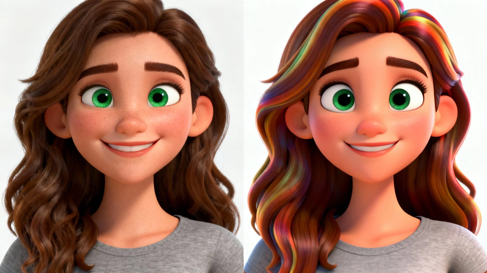 A split-screen image showing the transformation of a photo to a cartoon. The left side is a realistic photo of a smiling woman, and the right side is the same woman rendered as a vibrant 3D cartoon character.