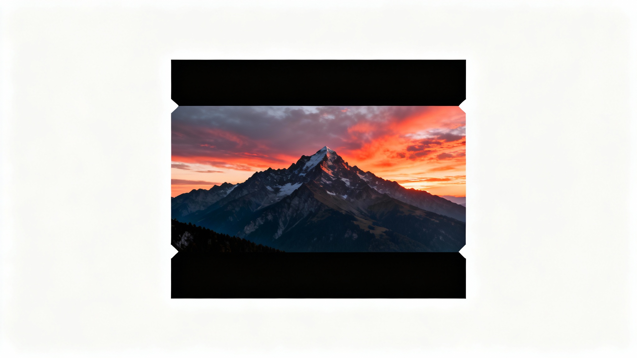 A mockup showing a beautiful mountain landscape photograph with black bars at the top and bottom, demonstrating the letterbox effect on a white background.
